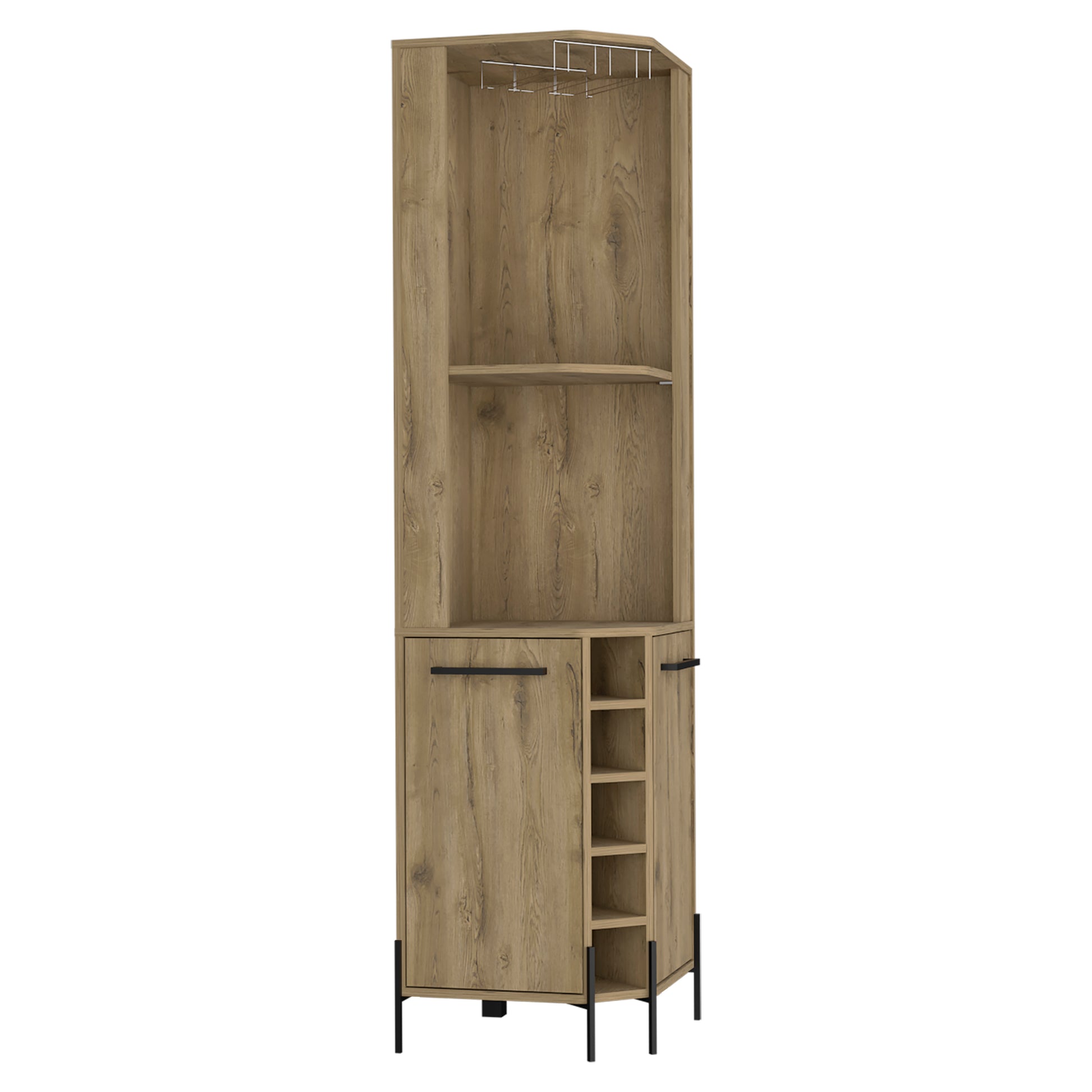 Rustic oak corner bar cabinet with wine glass rack and bottle shelves