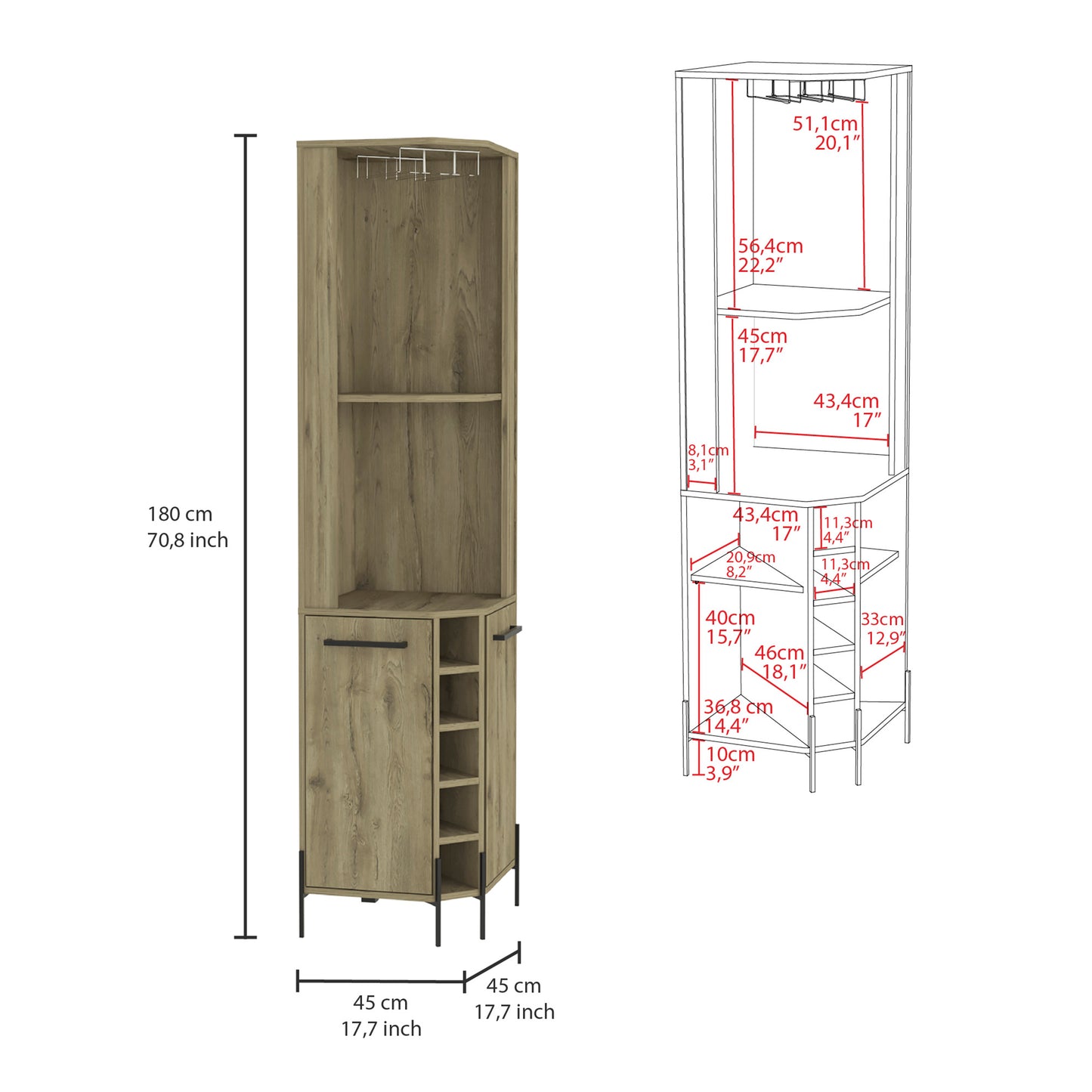 Tall corner bar cabinet in light oak finish with wine bottle shelves and glass holder