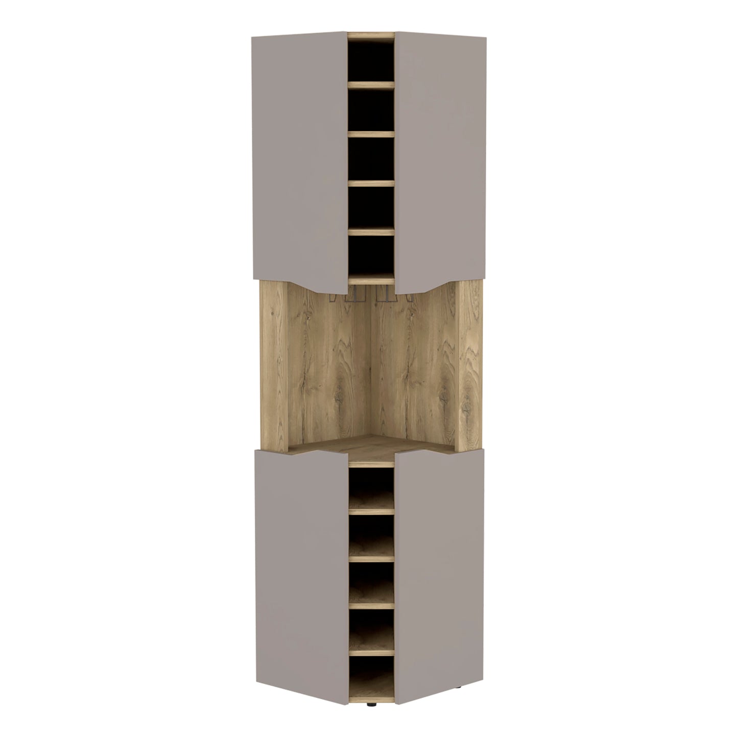 Gray corner cabinet with multiple shelves for wine bottles wood interior details