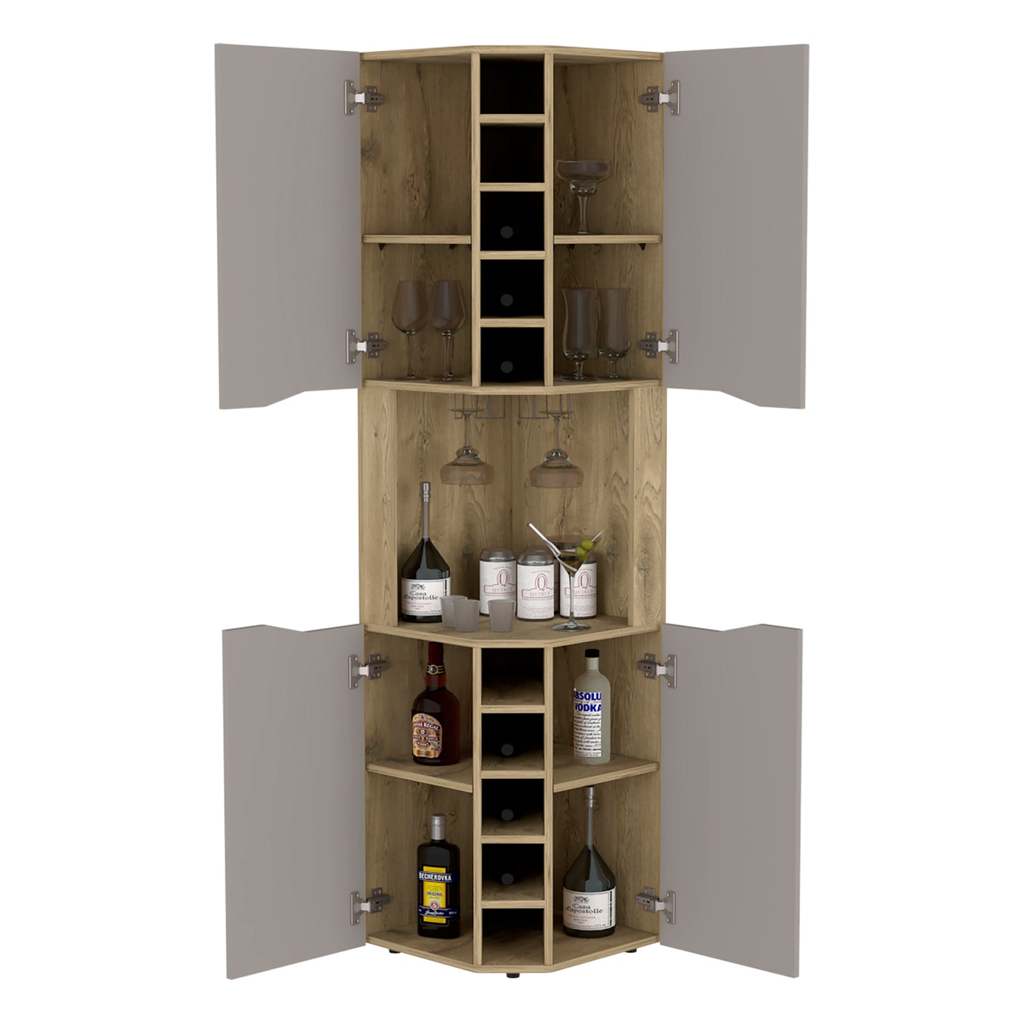 Modern gray and wood corner bar cabinet with glass shelves and wine rack