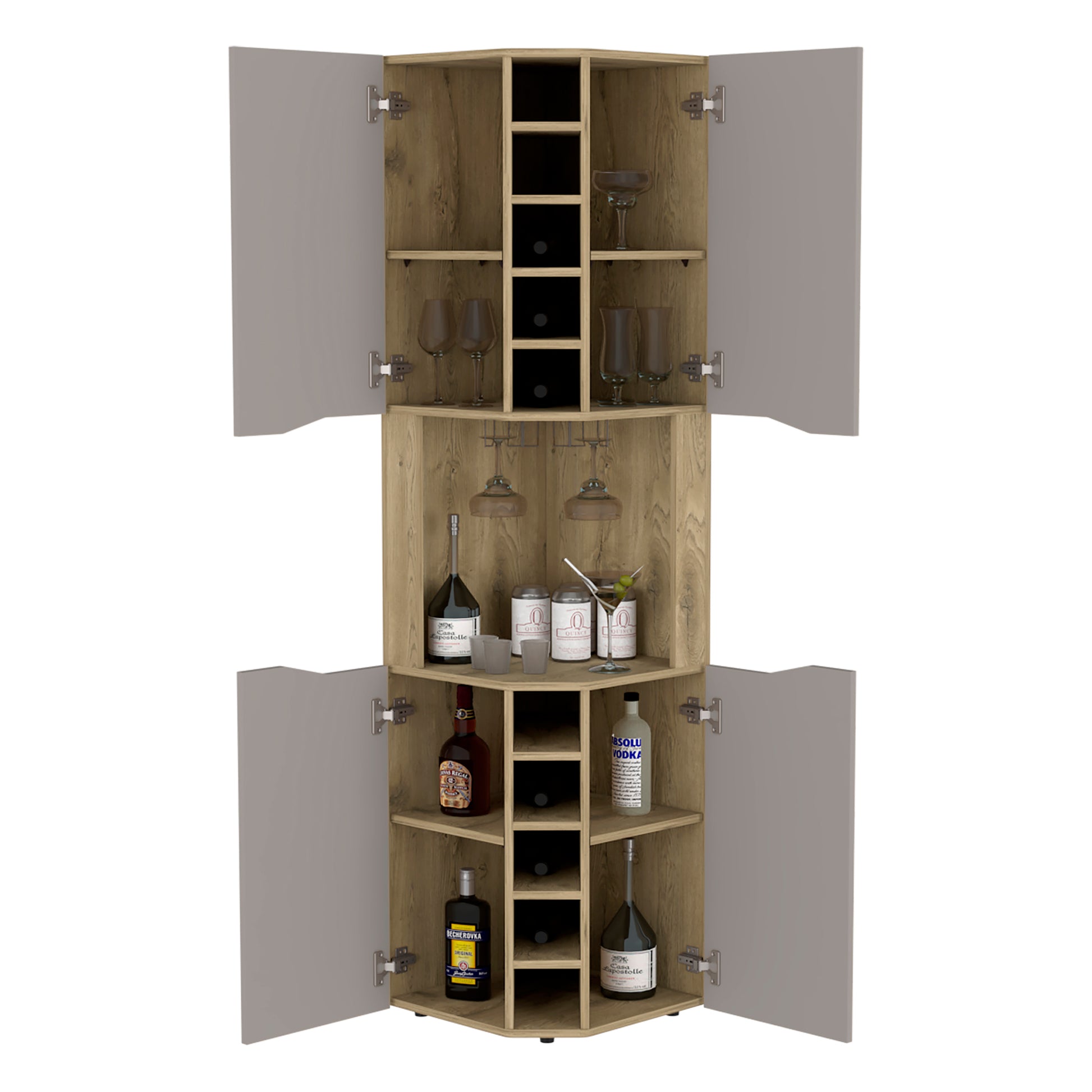 Modern gray and wood corner bar cabinet with glass shelves and wine rack
