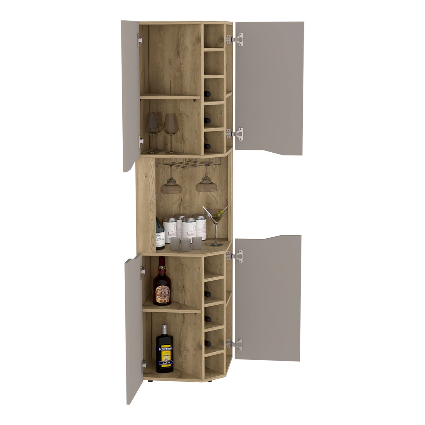 Corner bar cabinet with oak wood finish grey doors and builtin wine rack