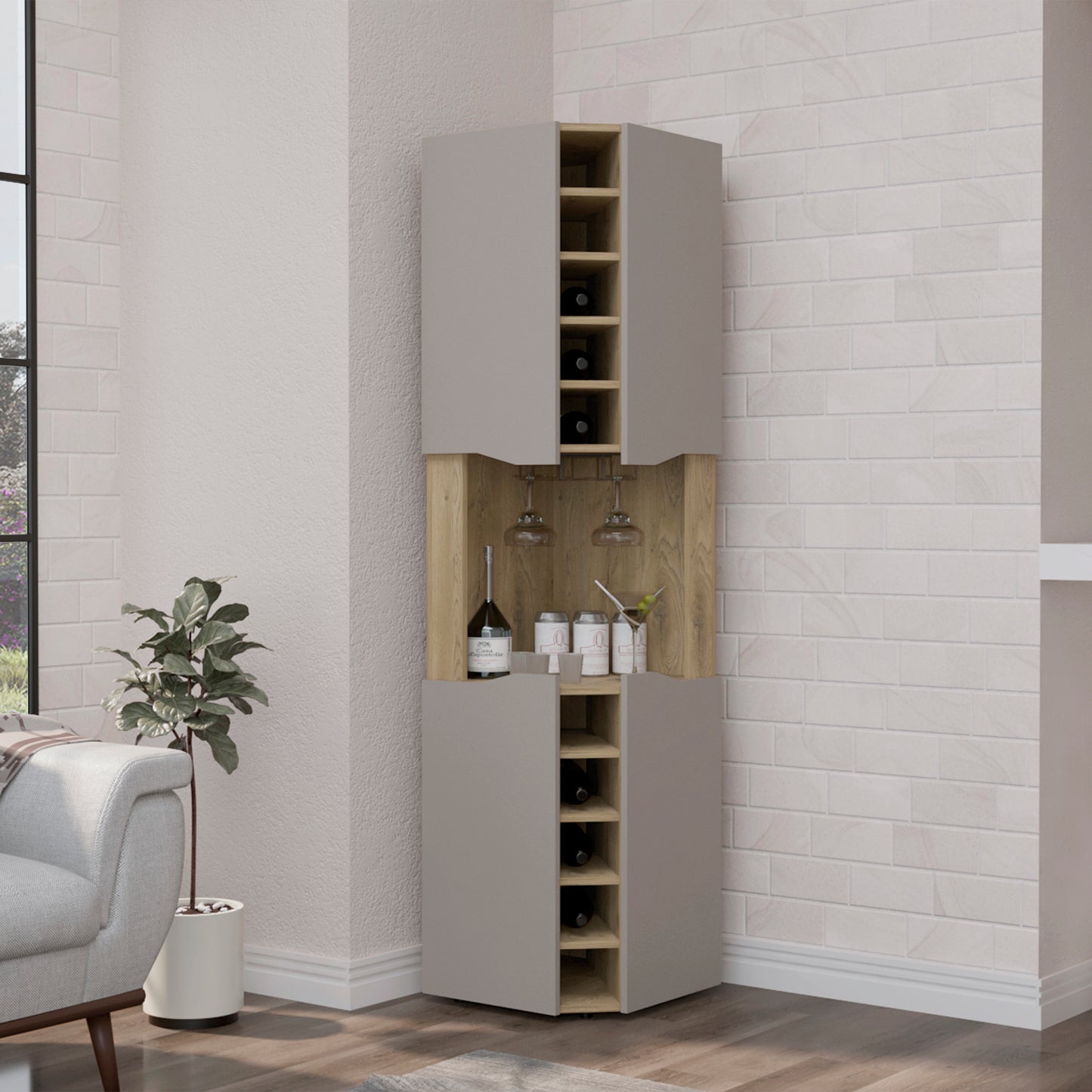 Modern grey corner wine cabinet with oak accents holding bottles and glassware