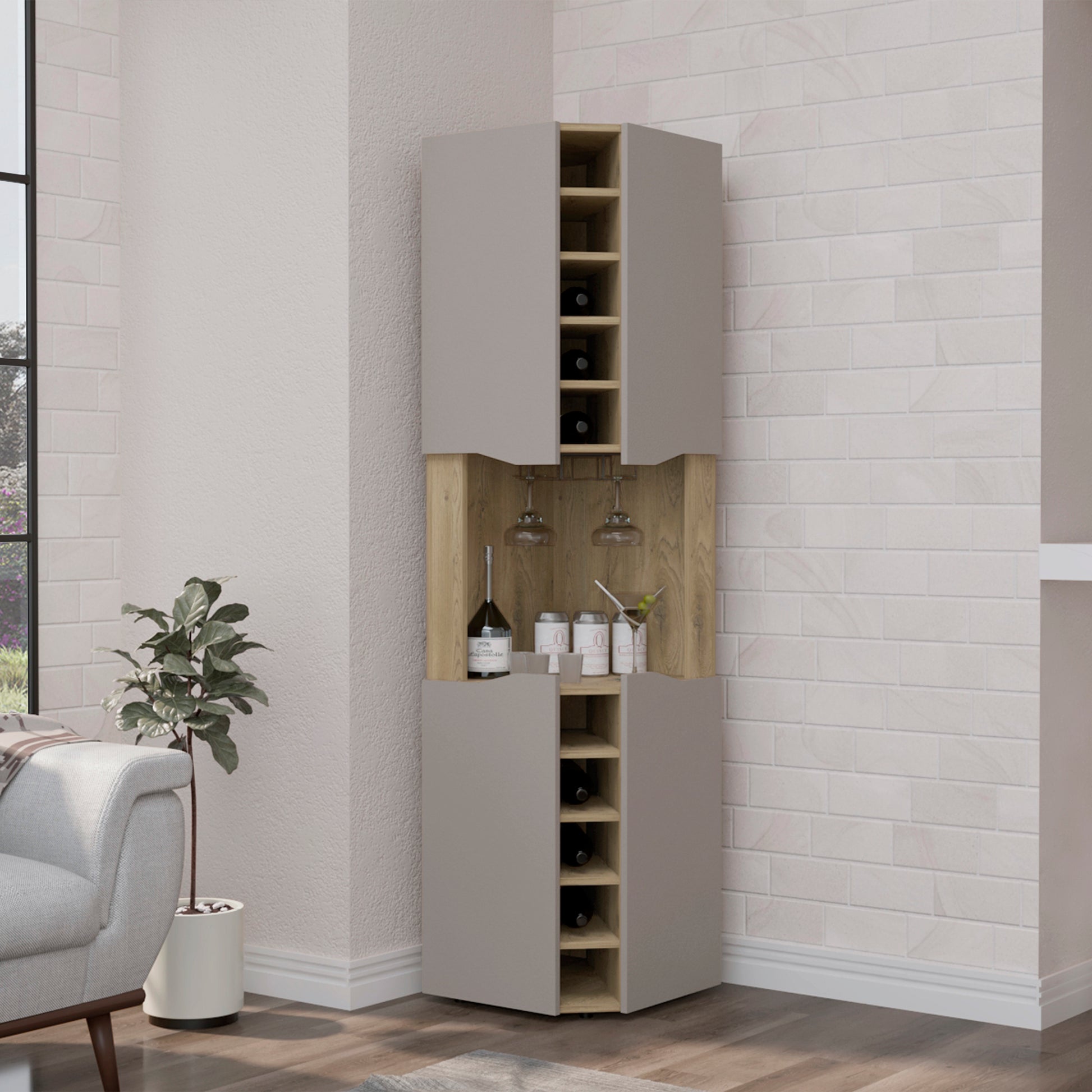 Modern grey corner wine cabinet with oak accents holding bottles and glassware