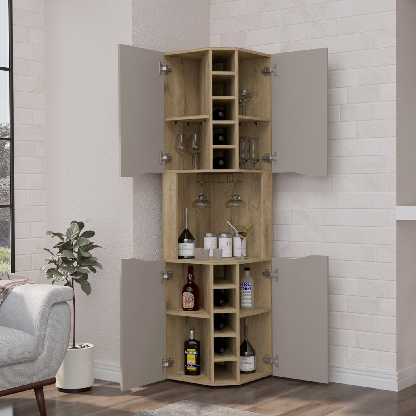 Wooden corner bar cabinet with wine racks and glass holders holding bottles and stemware