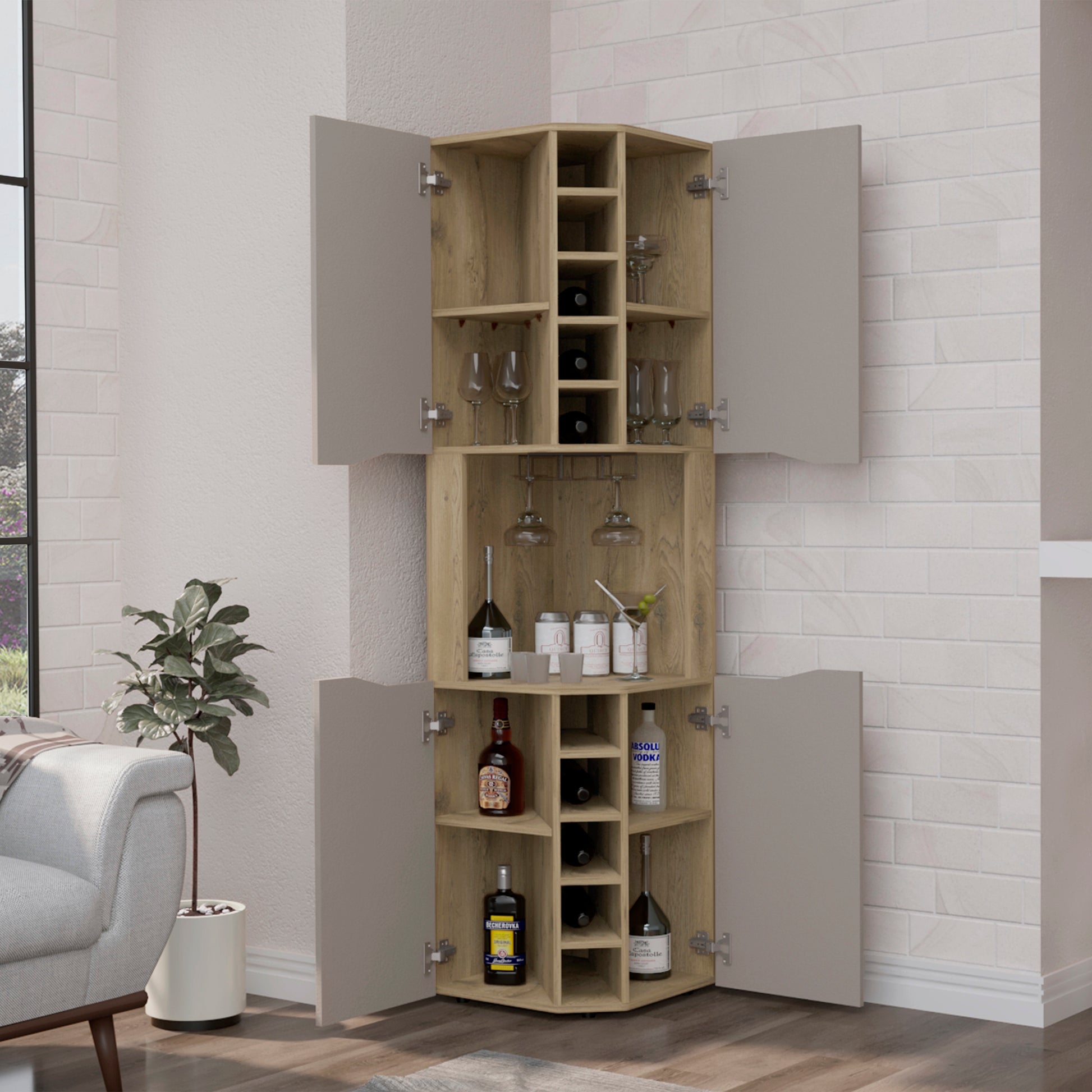 Wooden corner bar cabinet with wine racks and glass holders holding bottles and stemware