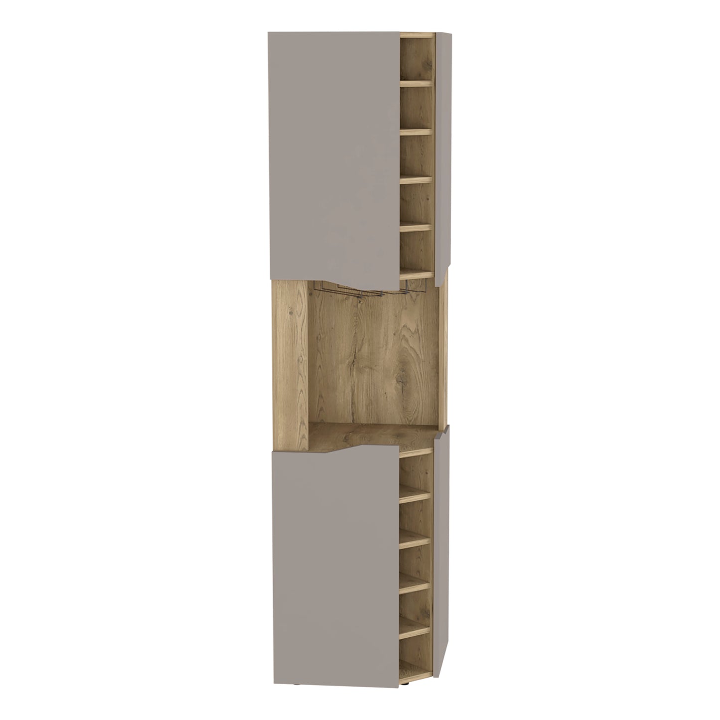 Modern grey and wood wine cabinet with multiple shelves for bottles