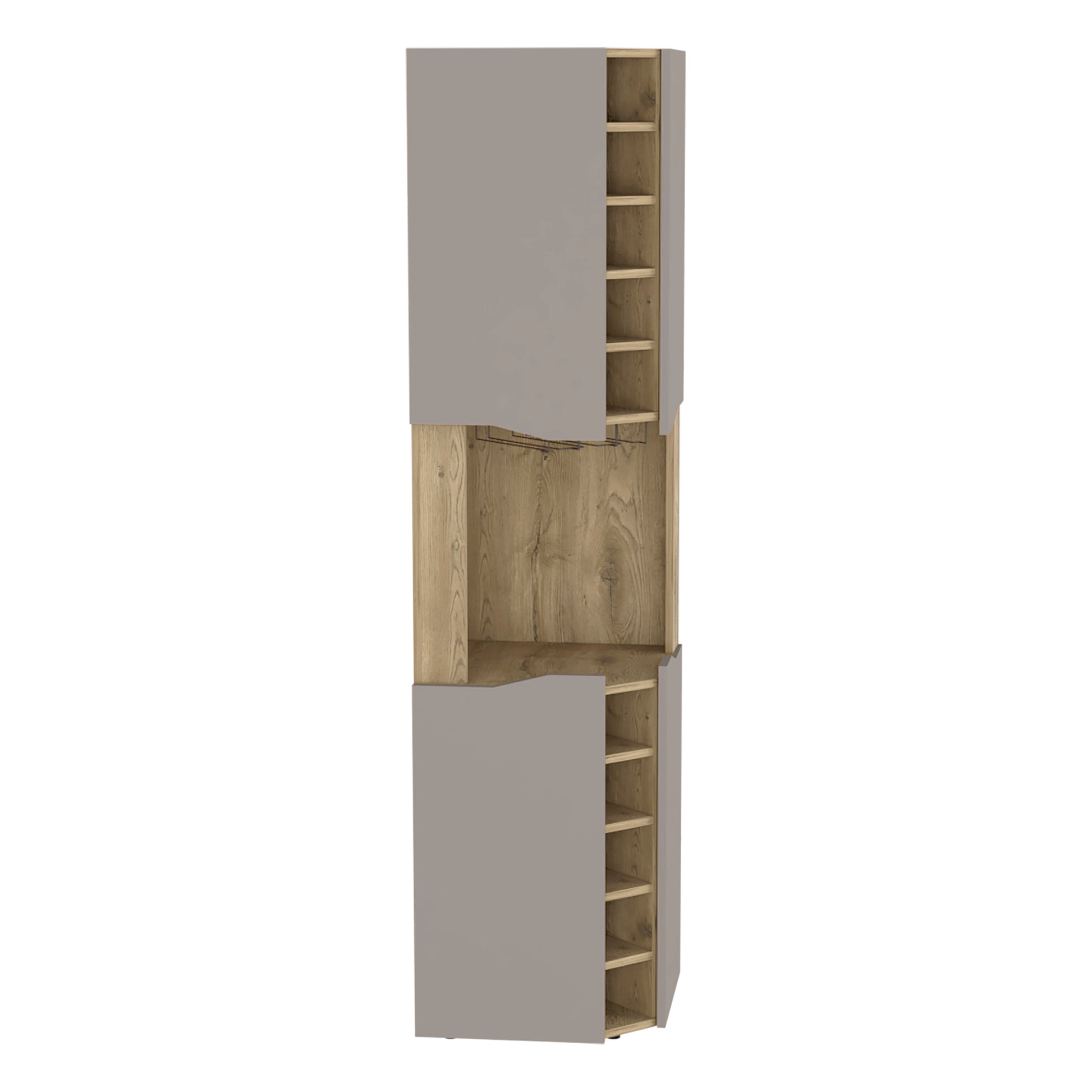 Modern grey and wood wine cabinet with multiple shelves for bottles