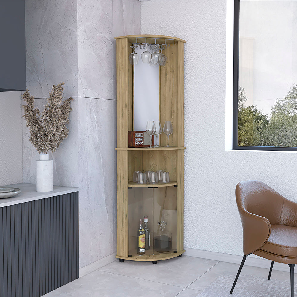 Compact wooden corner bar cabinet with mirrored back and glass holders