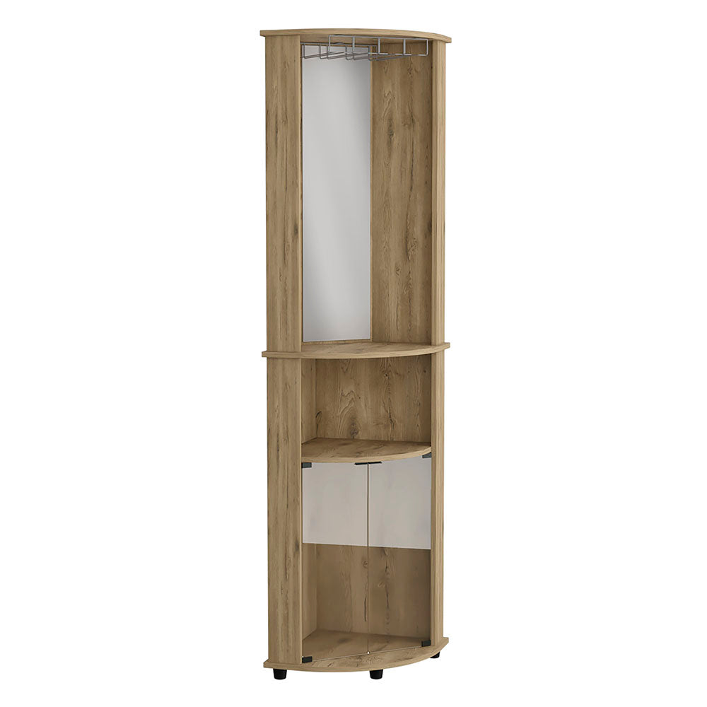Wooden corner cabinet with mirror and open shelves for entryway storage