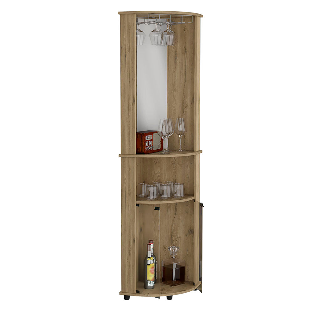Corner bar cabinet in light wood finish with glass rack and decanter