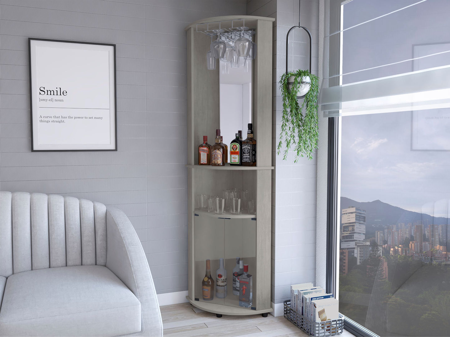 Light grey corner bar cabinet with glass racks and bottles