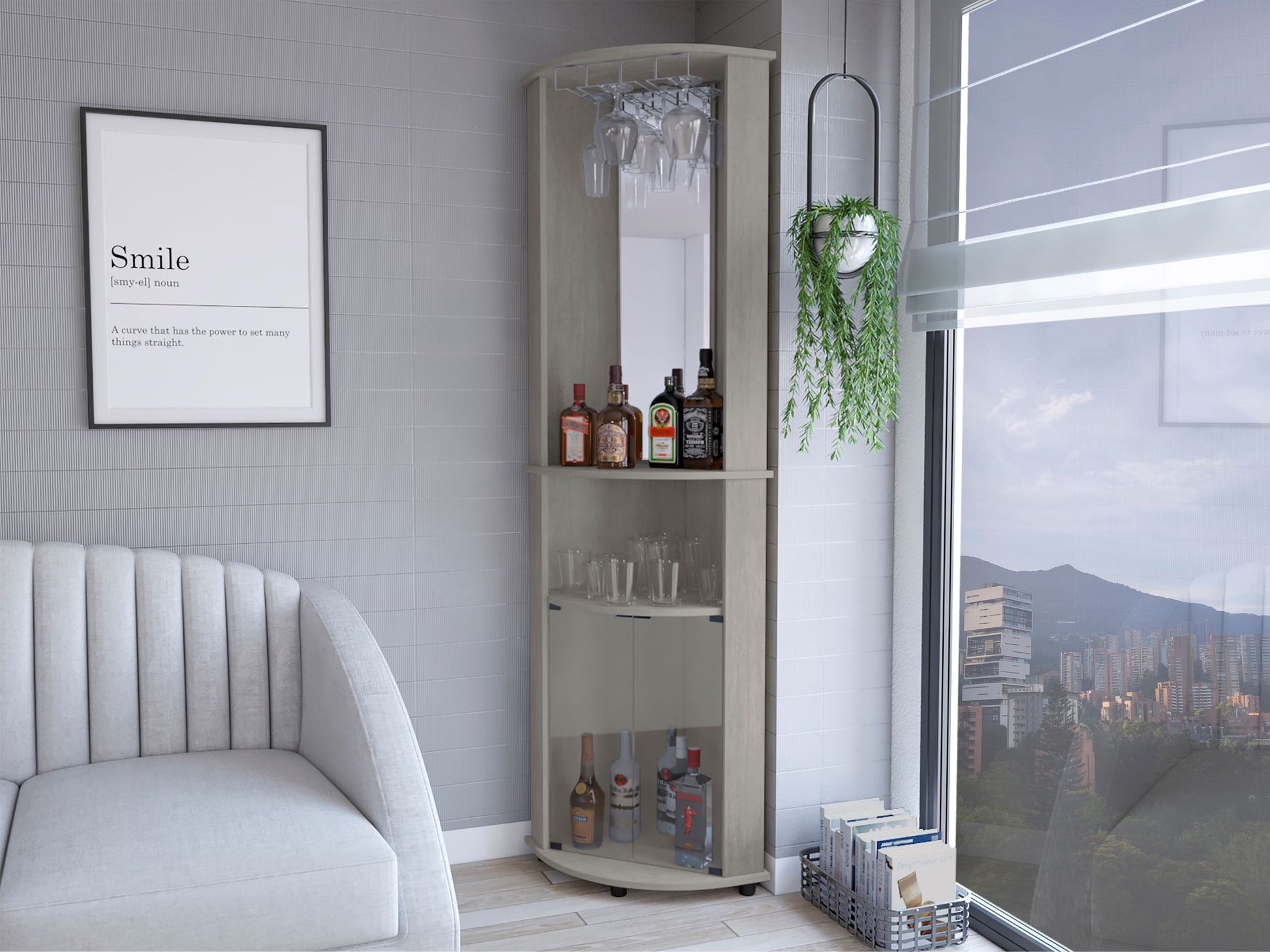Light grey corner bar cabinet with glass racks and bottles