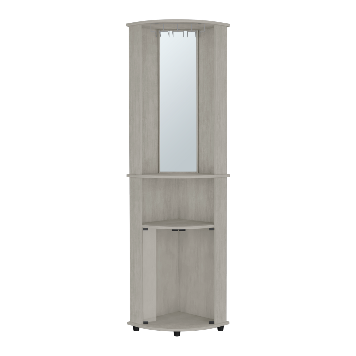Light wood corner cabinet with mirror and hanging hooks
