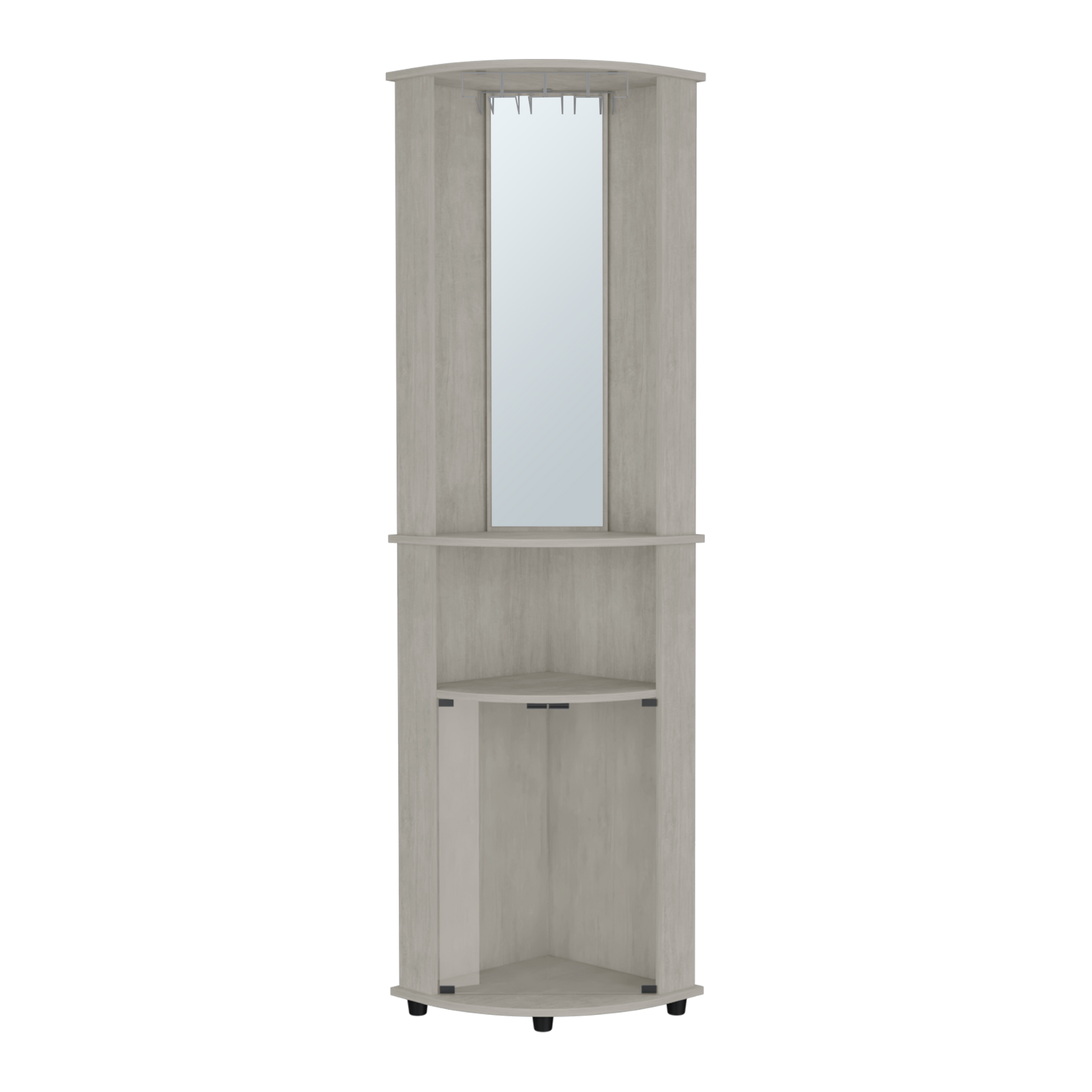 Light wood corner cabinet with mirror and hanging hooks