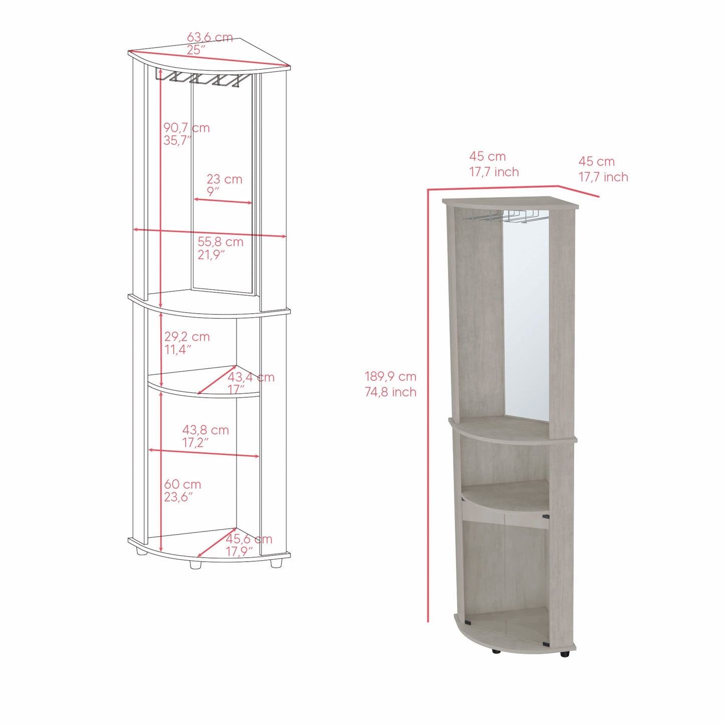 Corner bar cabinet with glass holder wood finish and mirrored back panel