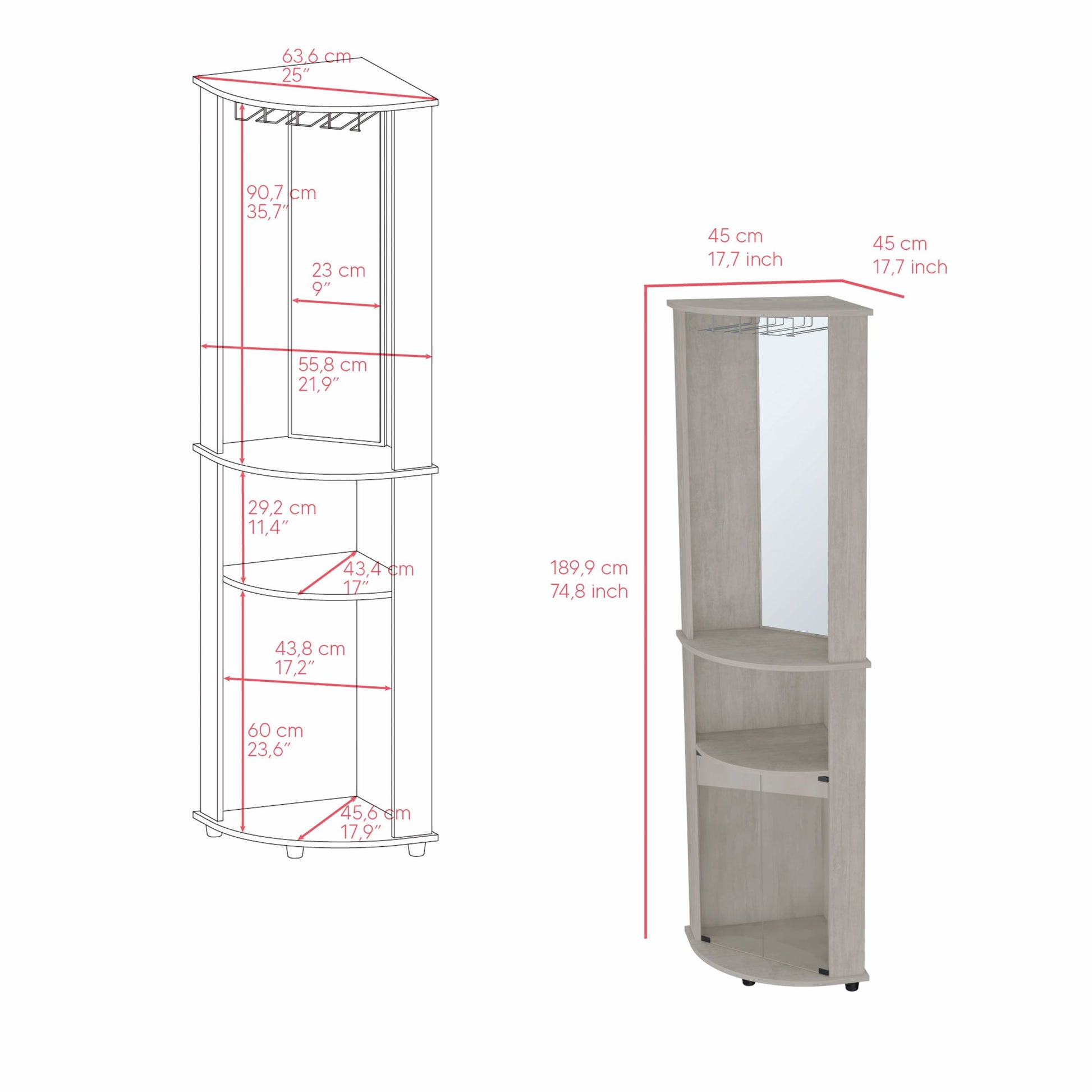 Corner bar cabinet with glass holder wood finish and mirrored back panel