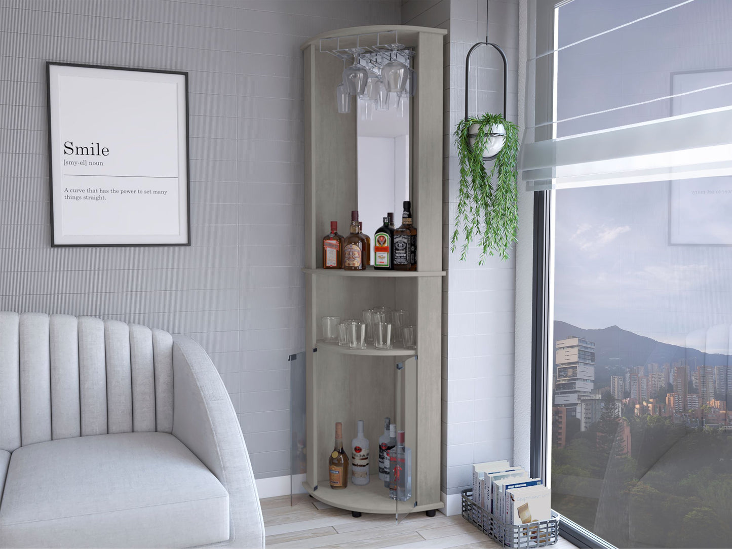 Light oak corner bar cabinet with glass holders and liquor bottles displayed