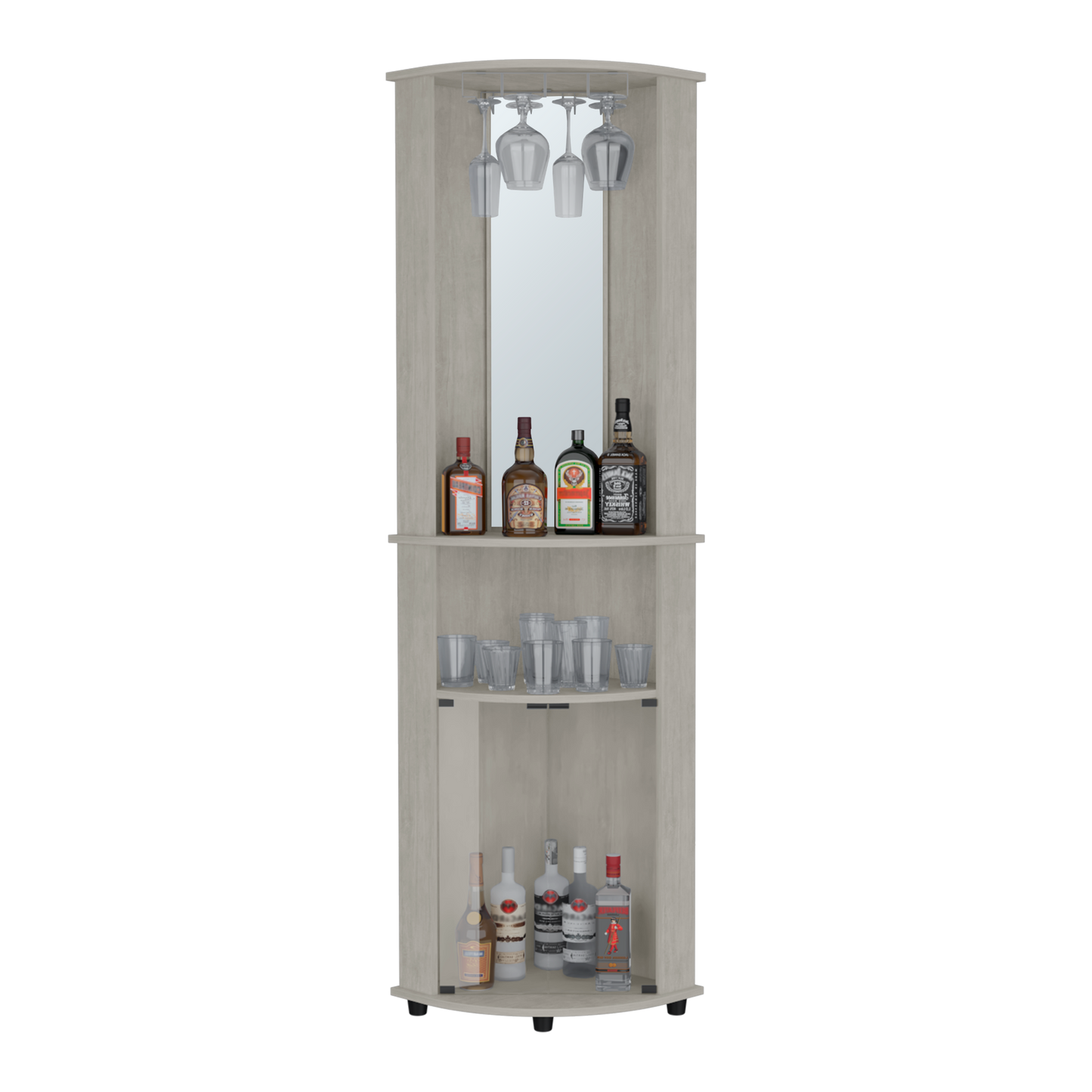 Light wood corner bar cabinet with hanging wine glasses and liquor bottles displayed