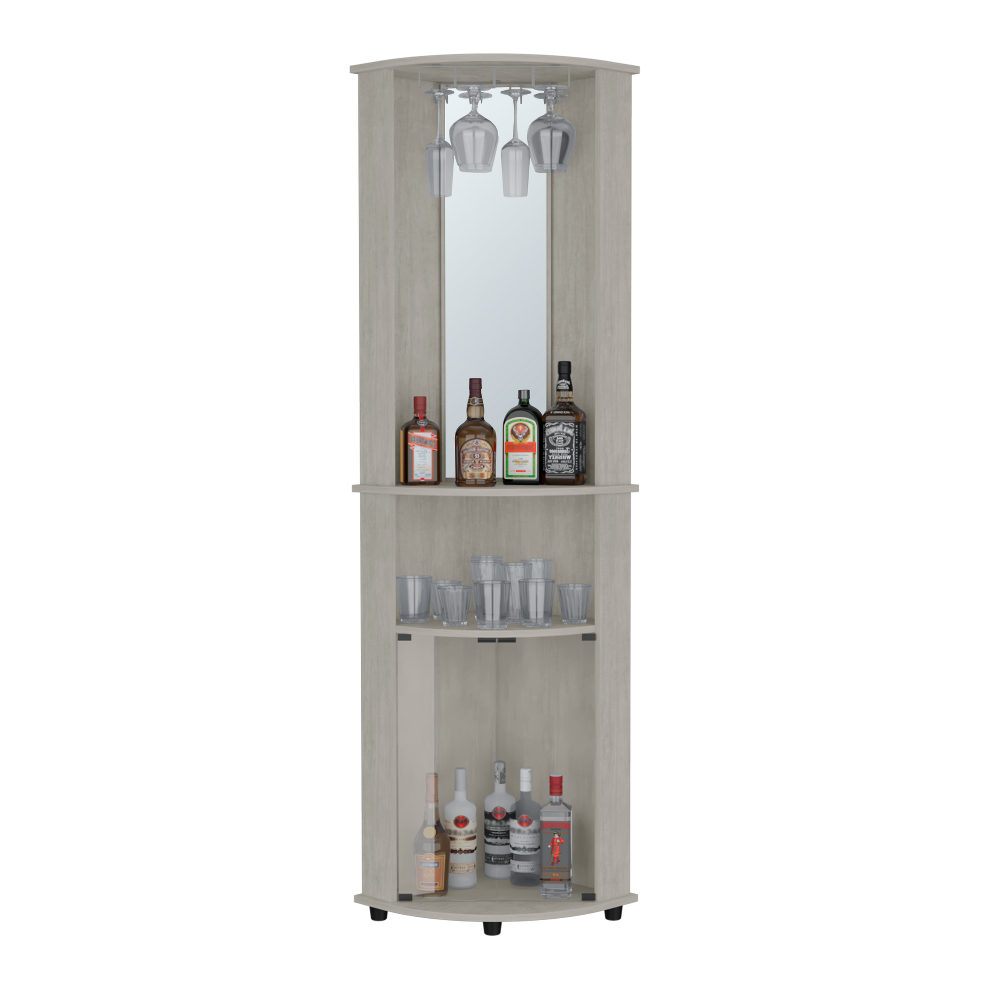 Light wood corner bar cabinet with hanging wine glasses and liquor bottles displayed