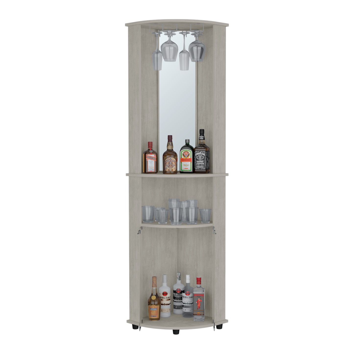 Light oak corner bar cabinet with wine glasses and liquor bottles