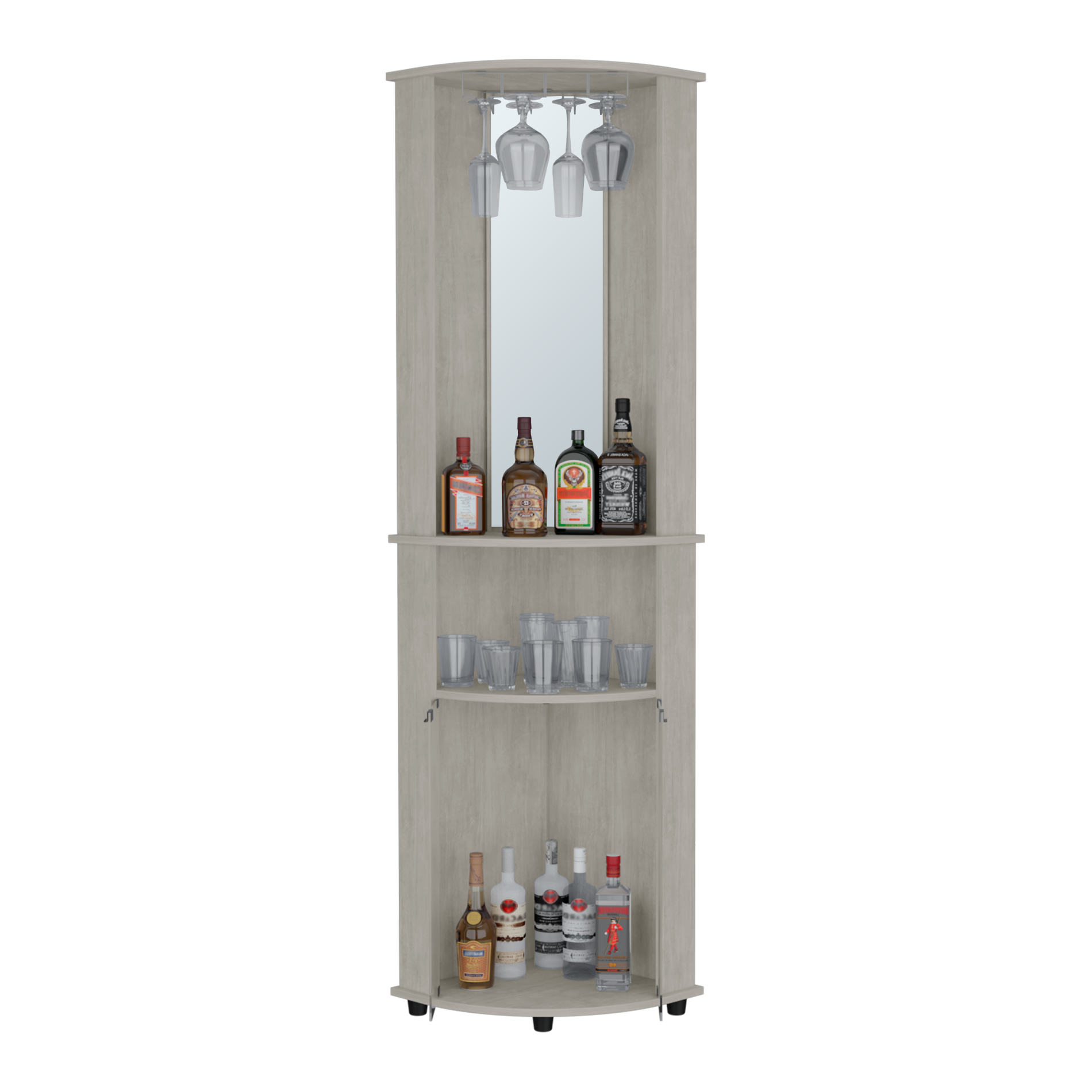 Light oak corner bar cabinet with wine glasses and liquor bottles