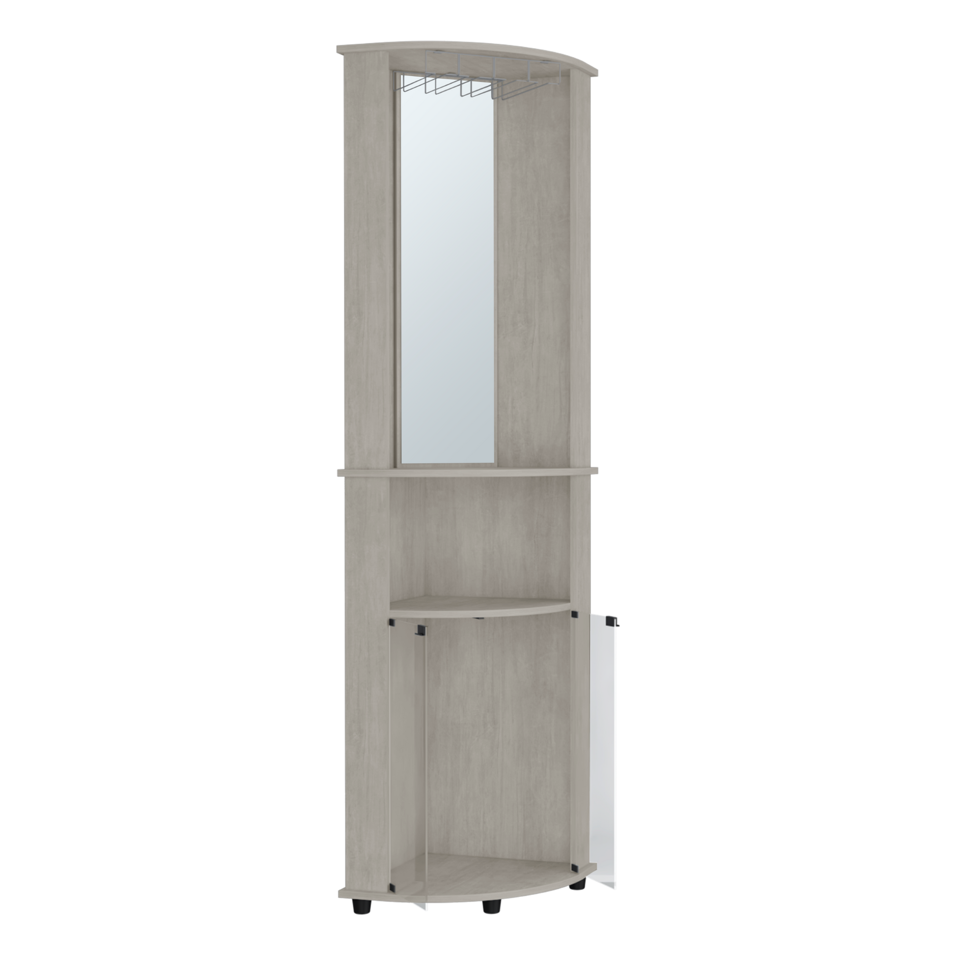 Light gray wood corner entryway organizer with mirror and coat hooks