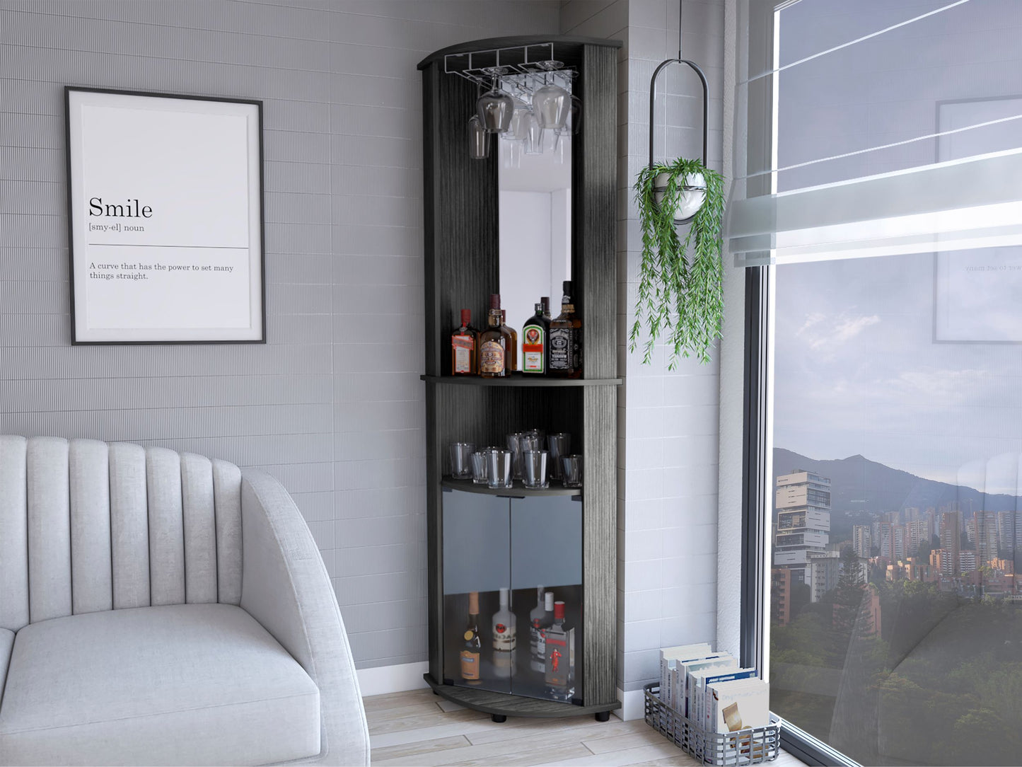 Corner bar cabinet in dark wood finish with glass rack and mirrored back
