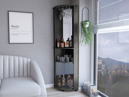 Corner bar cabinet in dark wood finish with glass rack and mirrored back