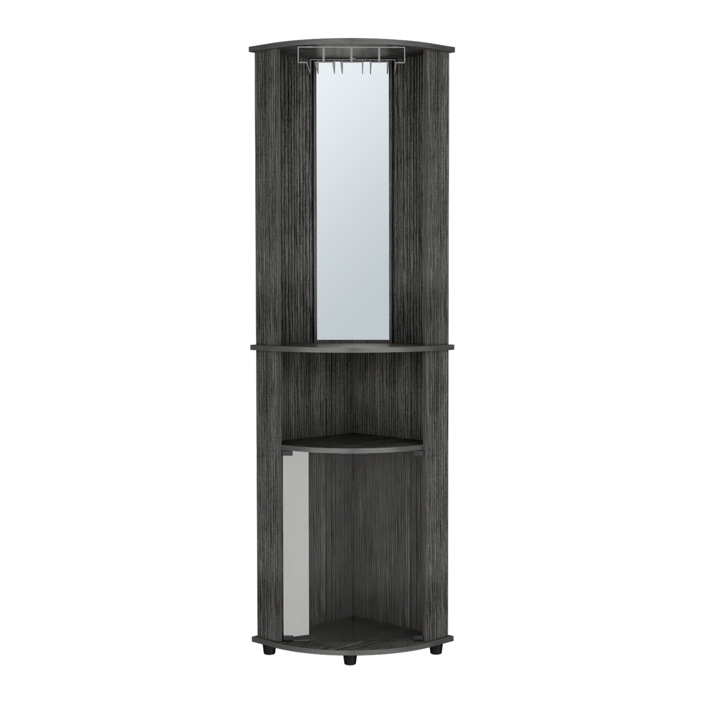 Modern grey corner vanity unit with fulllength mirror and shelving for salon use