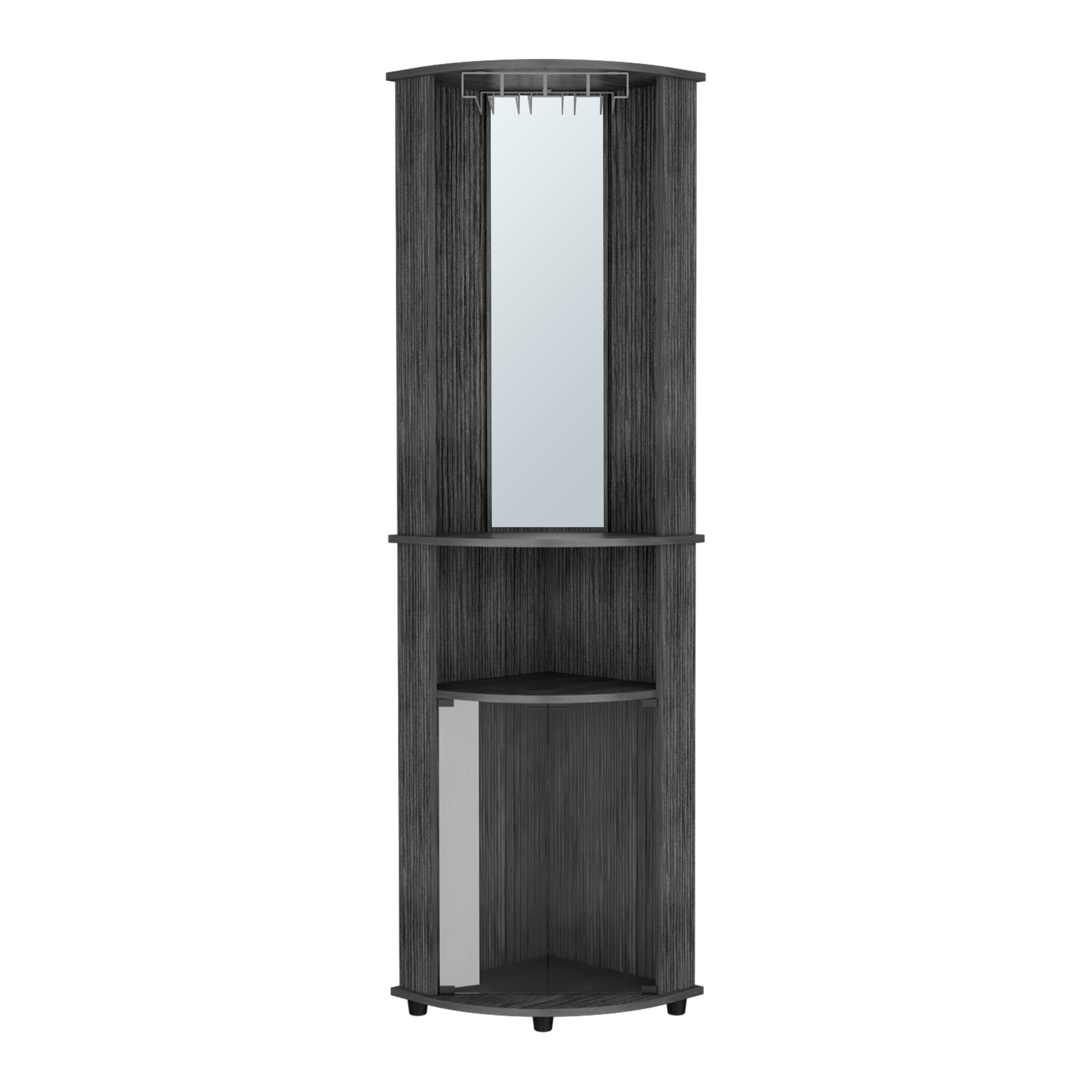 Modern grey corner vanity unit with fulllength mirror and shelving for salon use