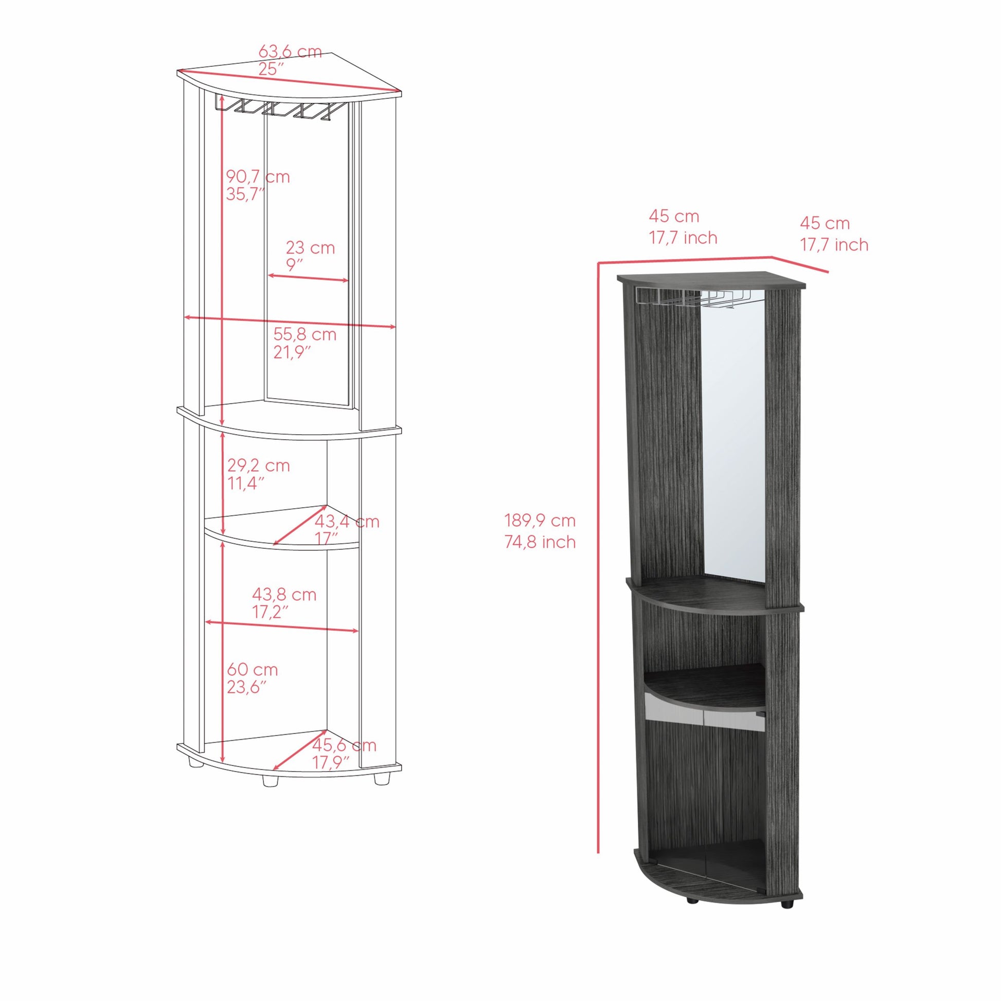 Dark gray corner cabinet with mirror and wine glass rack ideal for home bars