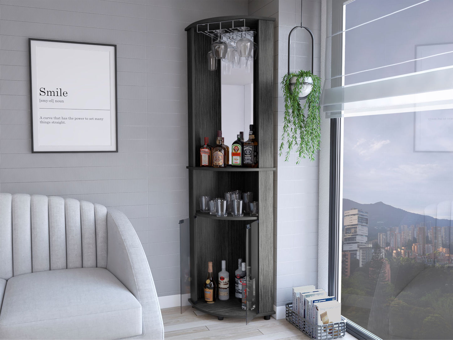 Dark wood corner bar cabinet with wine glasses and assorted liquor bottles displayed