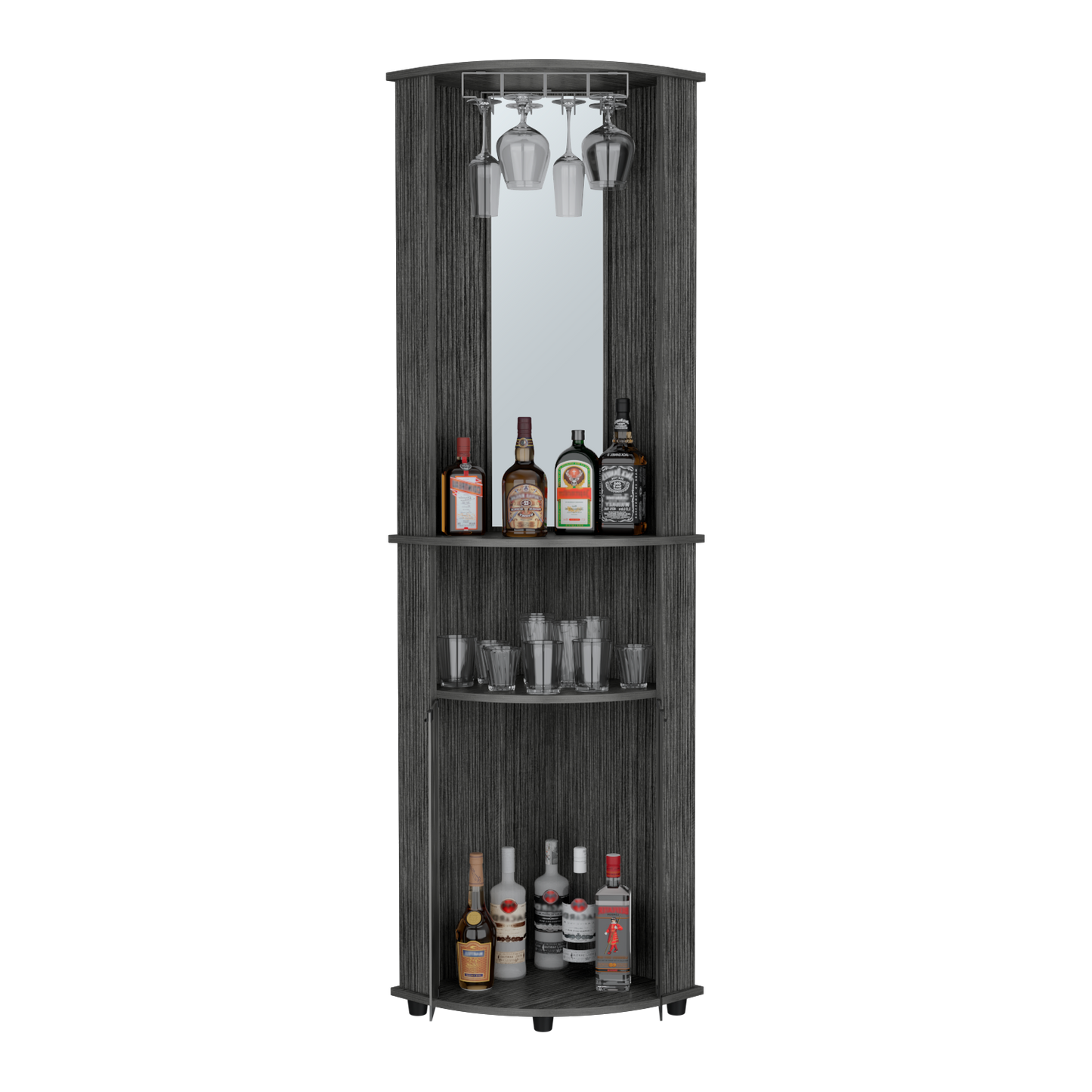 Dark wood corner bar cabinet with wine glasses and liquor bottles displayed