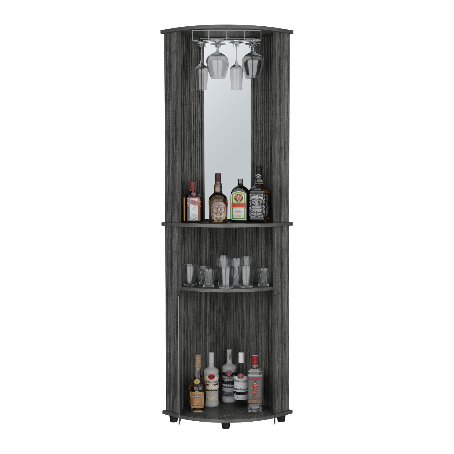 Dark wood corner bar cabinet with wine glasses and liquor bottles displayed