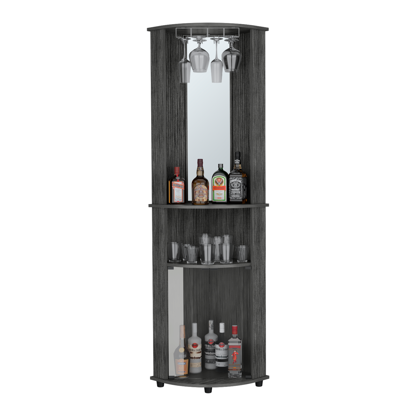 Dark wood corner bar cabinet with hanging wine glasses and liquor bottles displayed