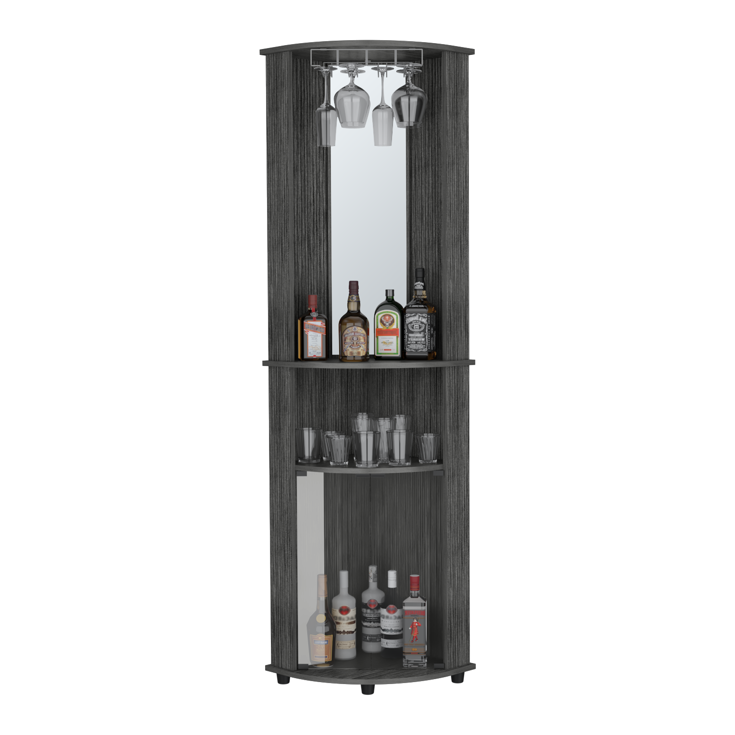 Dark wood corner bar cabinet with hanging wine glasses and liquor bottles displayed