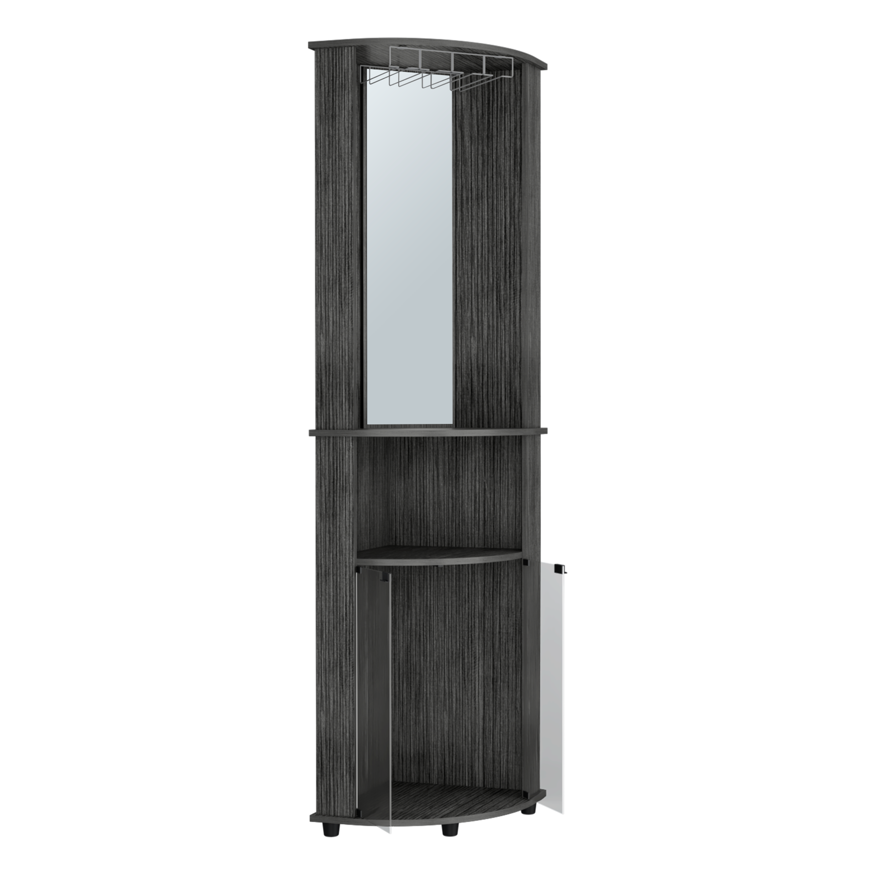 Dark wood corner valet stand with mirror and multiple shelves for storage