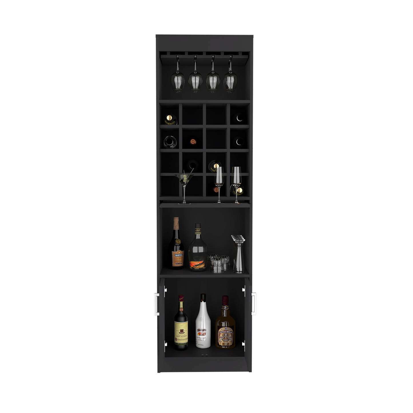 Black modern wine cabinet with glass holders and wine racks