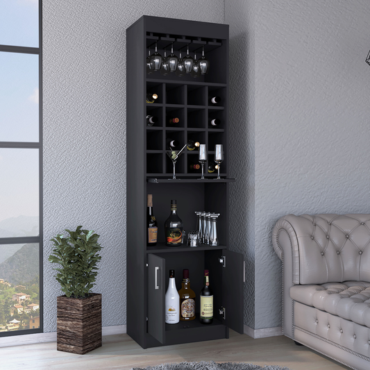 Tall dark gray wine cabinet with glass racks and bottle shelves