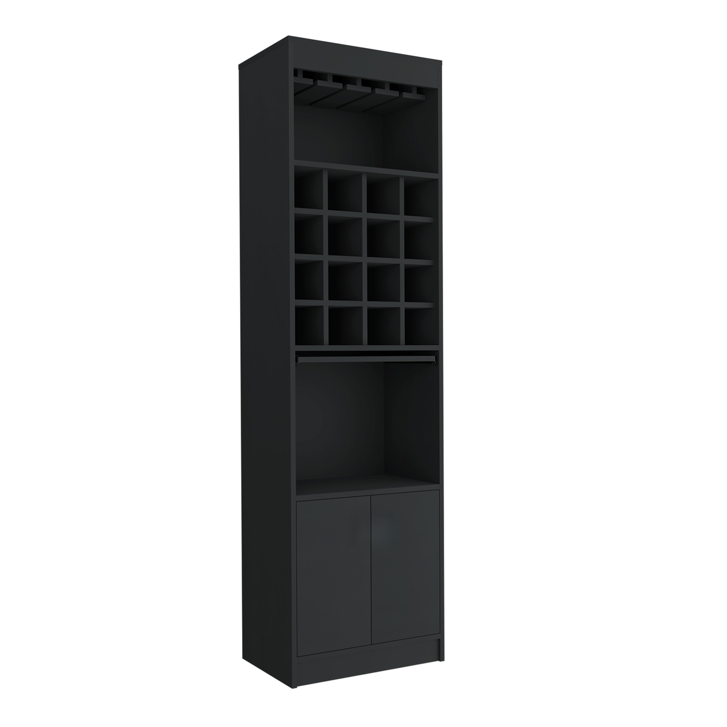 Sleek black wine cabinet with glass rack bottle cubbies open shelf and two cabinet doors for storage