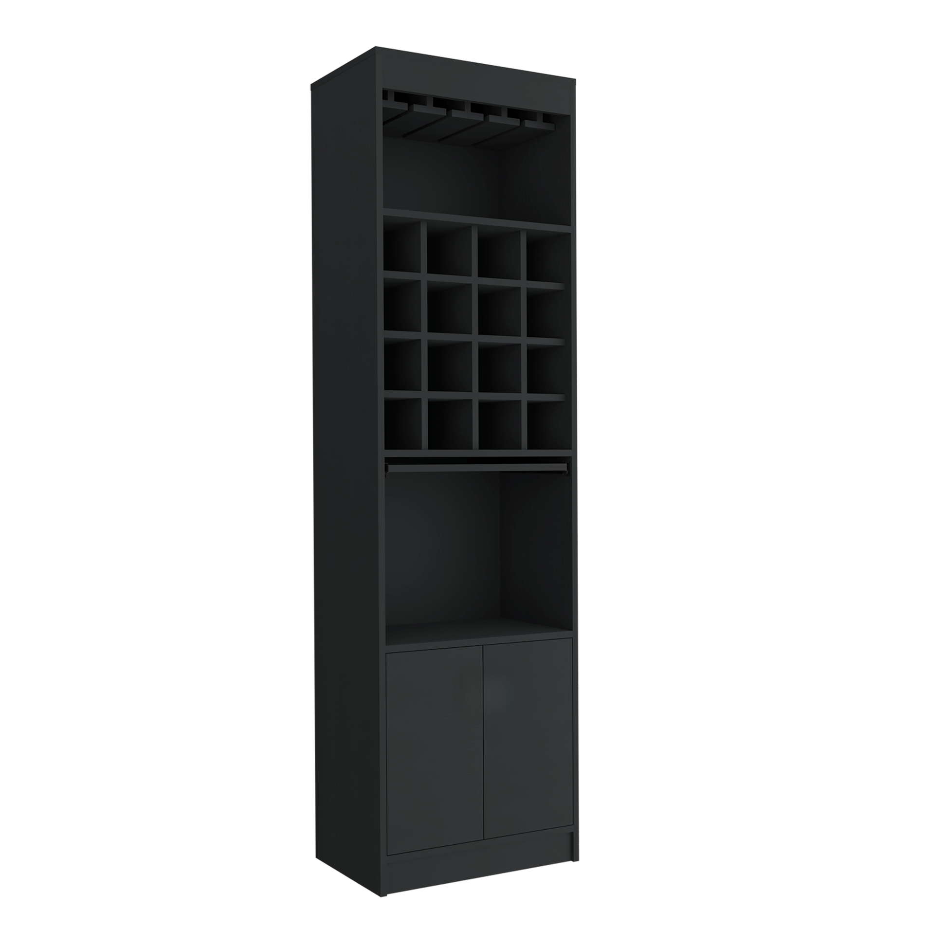 Sleek black wine cabinet with glass rack bottle cubbies open shelf and two cabinet doors for storage