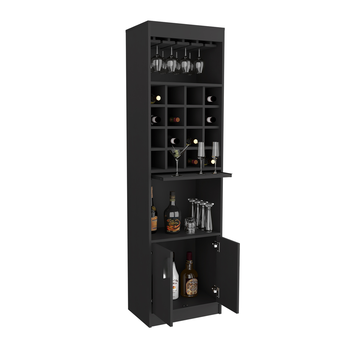 Sleek black tall bar cabinet with wine rack and glass holders