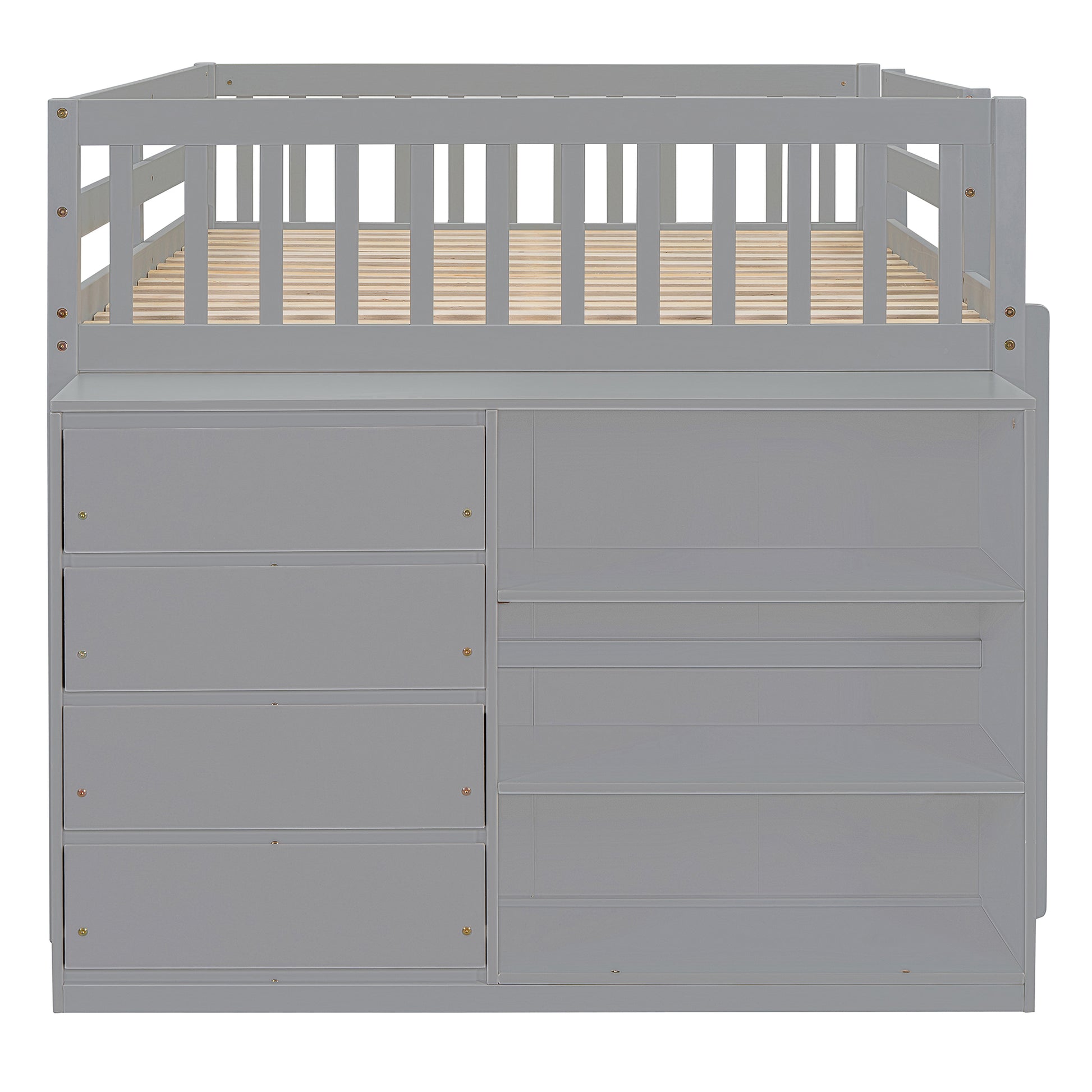 Gray loft bed with builtin drawers and shelves