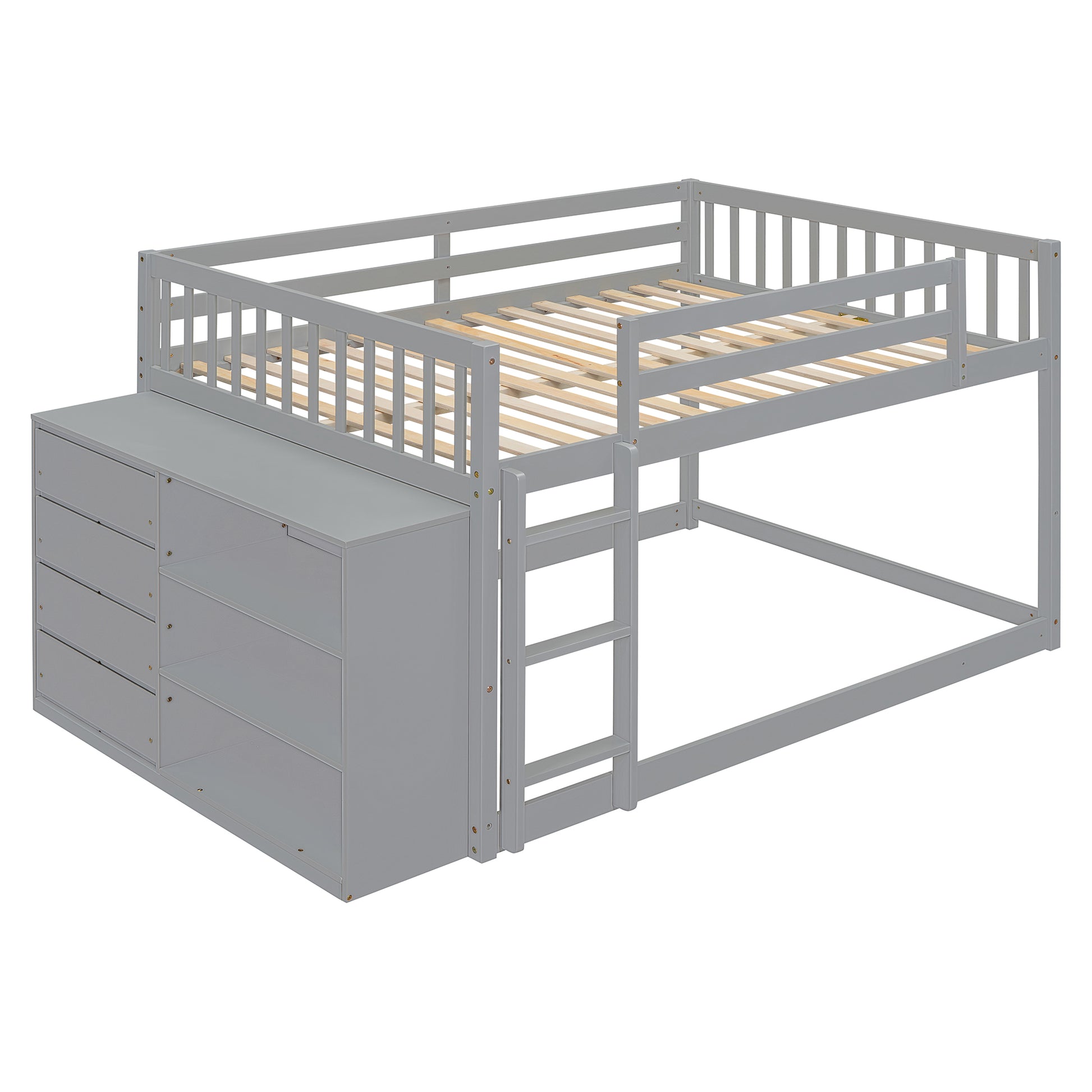 Gray wooden loft bed with integrated dresser and ladder for kids room