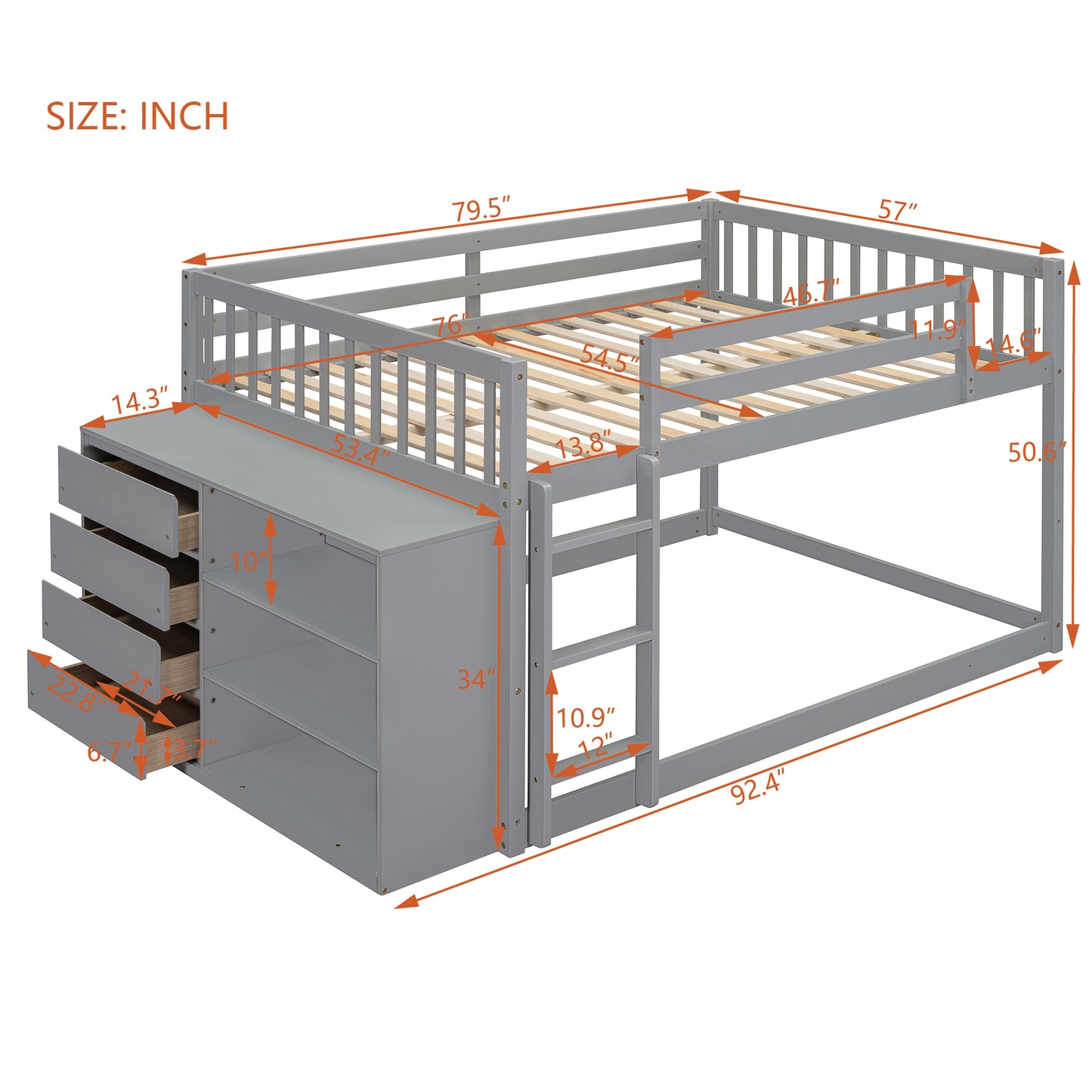 Gray wooden bunk bed with integrated drawers and ladder