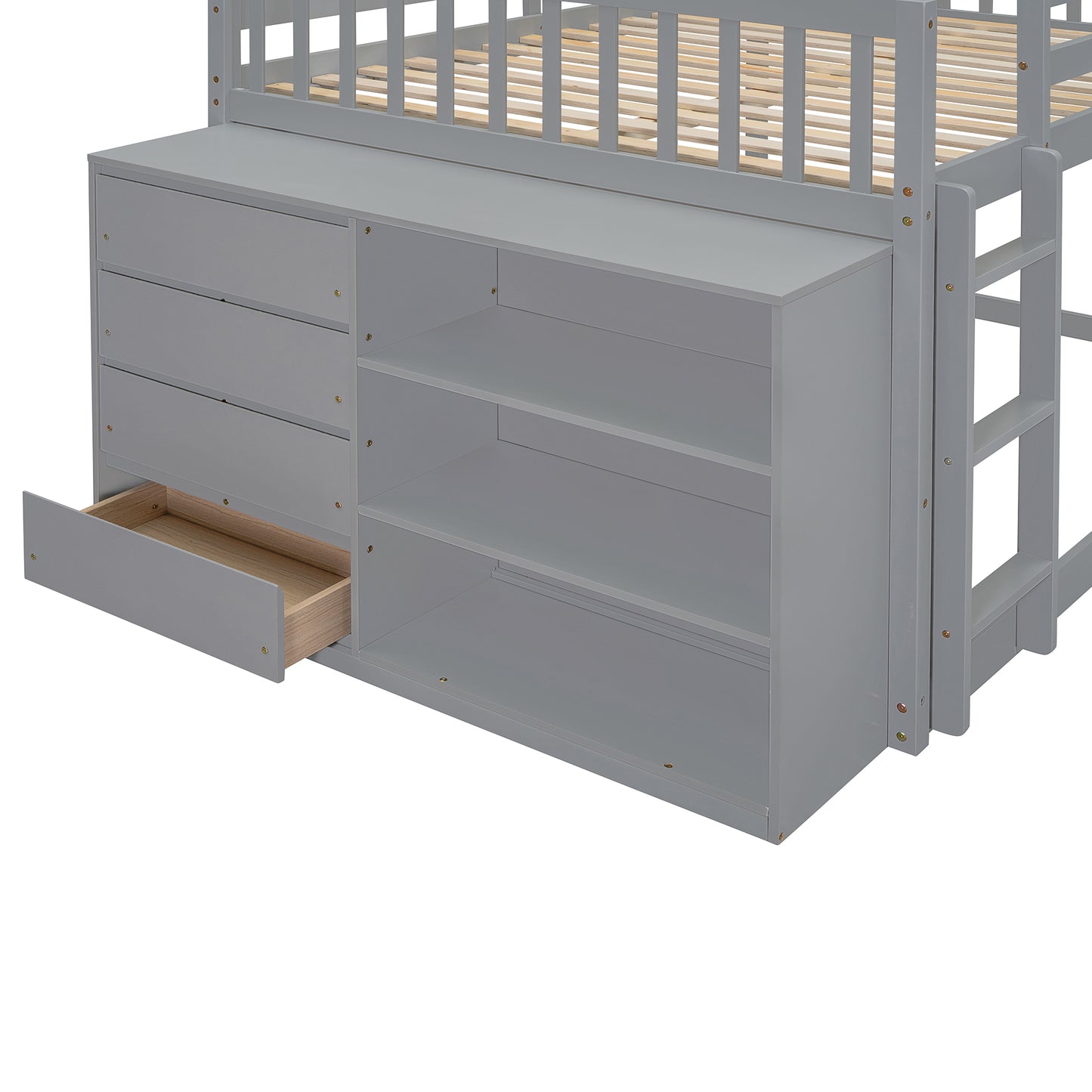 Gray bunk bed with builtin drawers and shelving unit