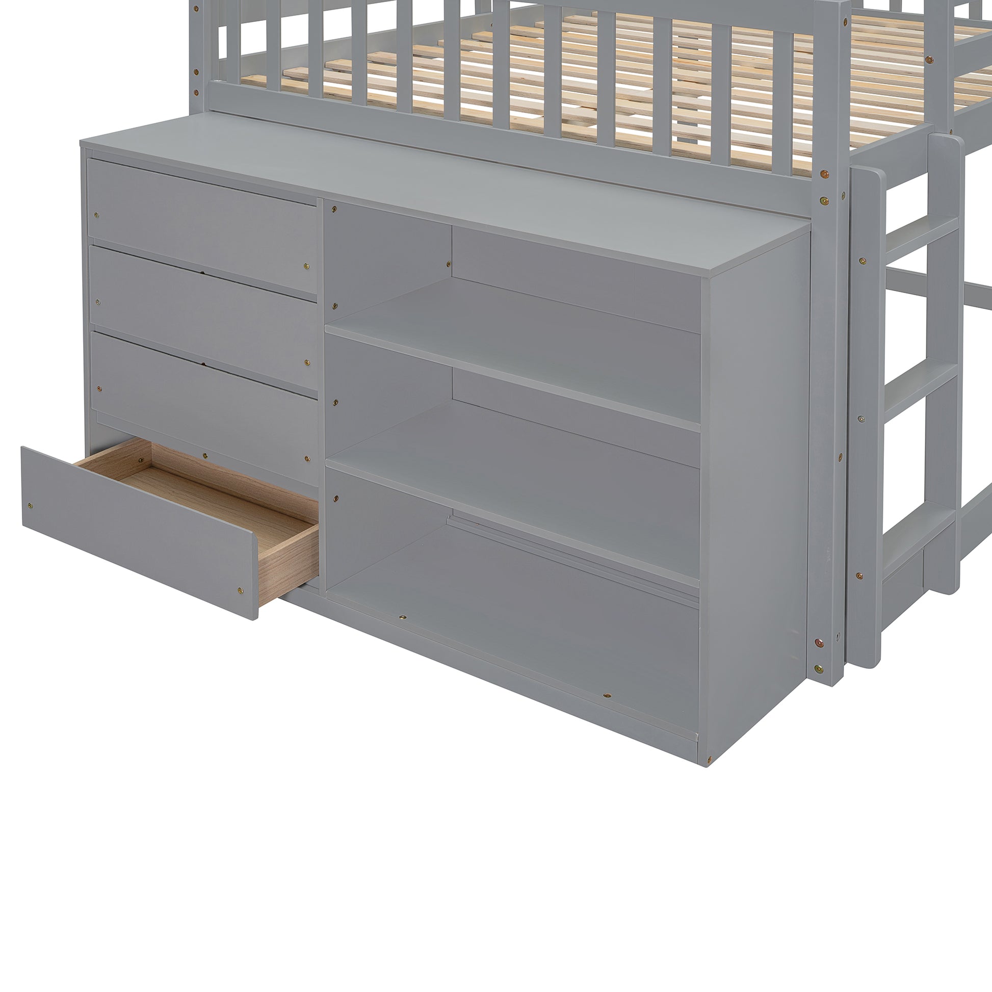 Gray bunk bed with builtin drawers and shelving unit