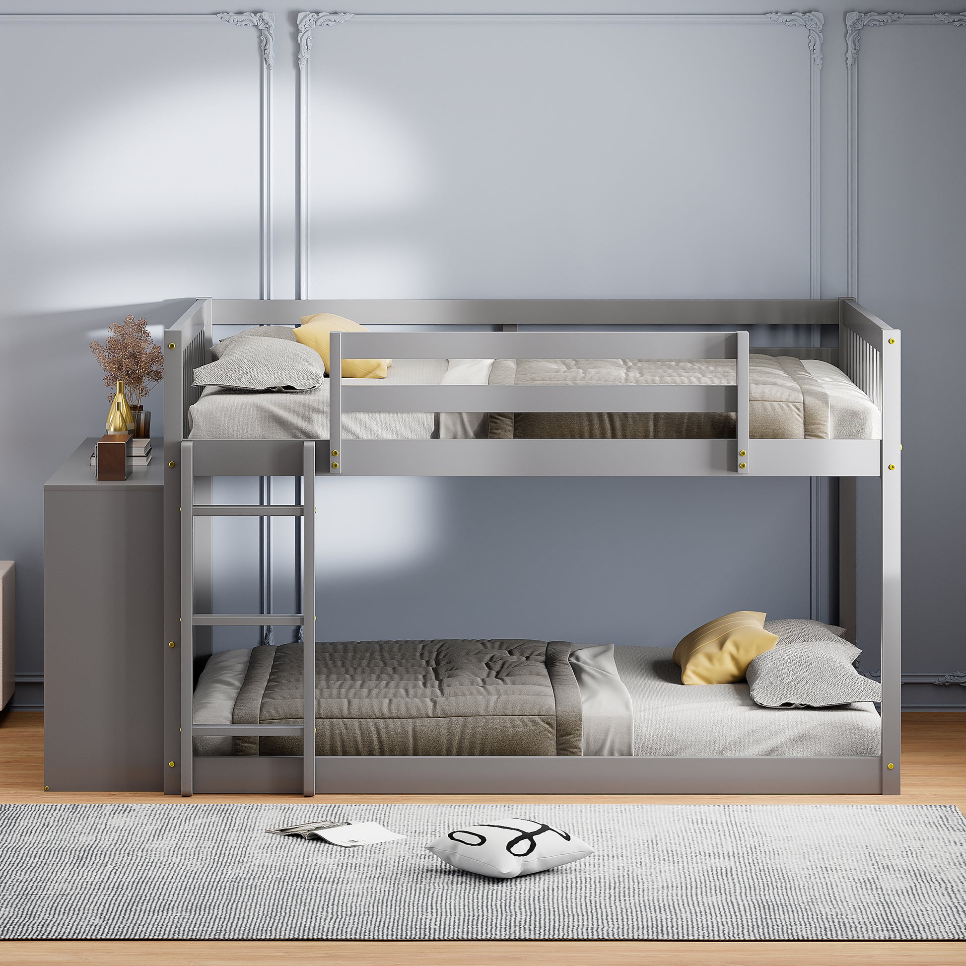 Gray wooden bunk bed with attached storage unit and ladder