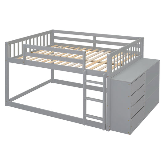 Grey loft bed with integrated drawers and ladder